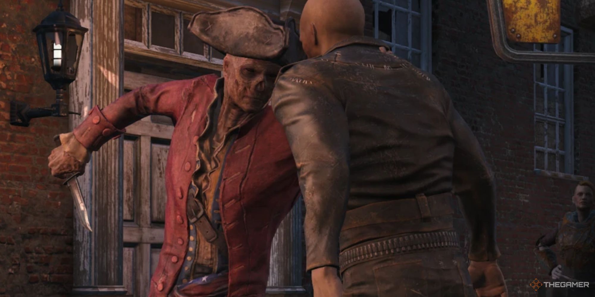 John Hancock, a ghoul from Fallout 4 dressed as a redcoat from the American Civil War, grabbing someone and preparing to stab them.
