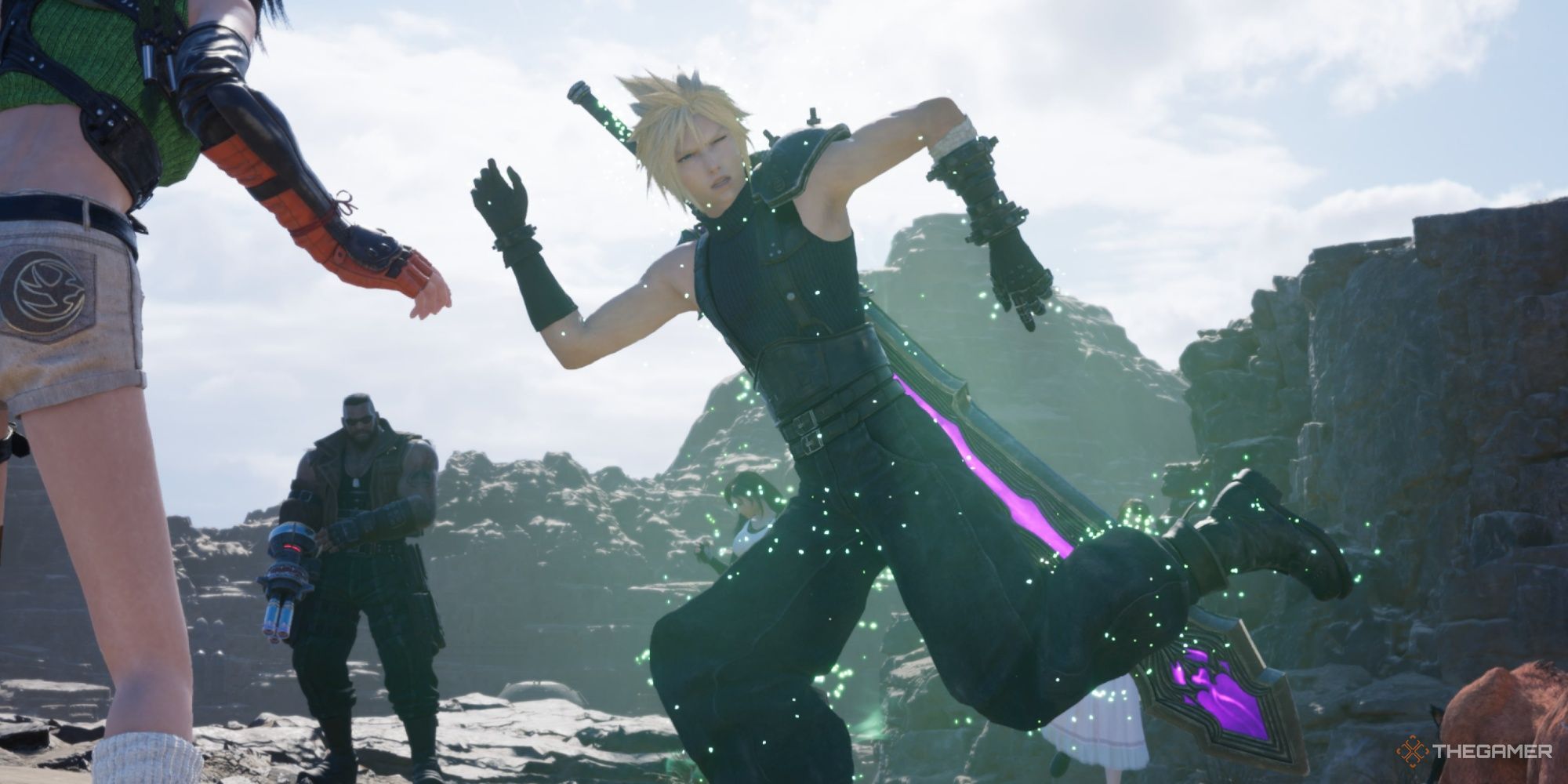 Final Fantasy 7 Rebirth Cloud standing in a cactuar pose while the party look on