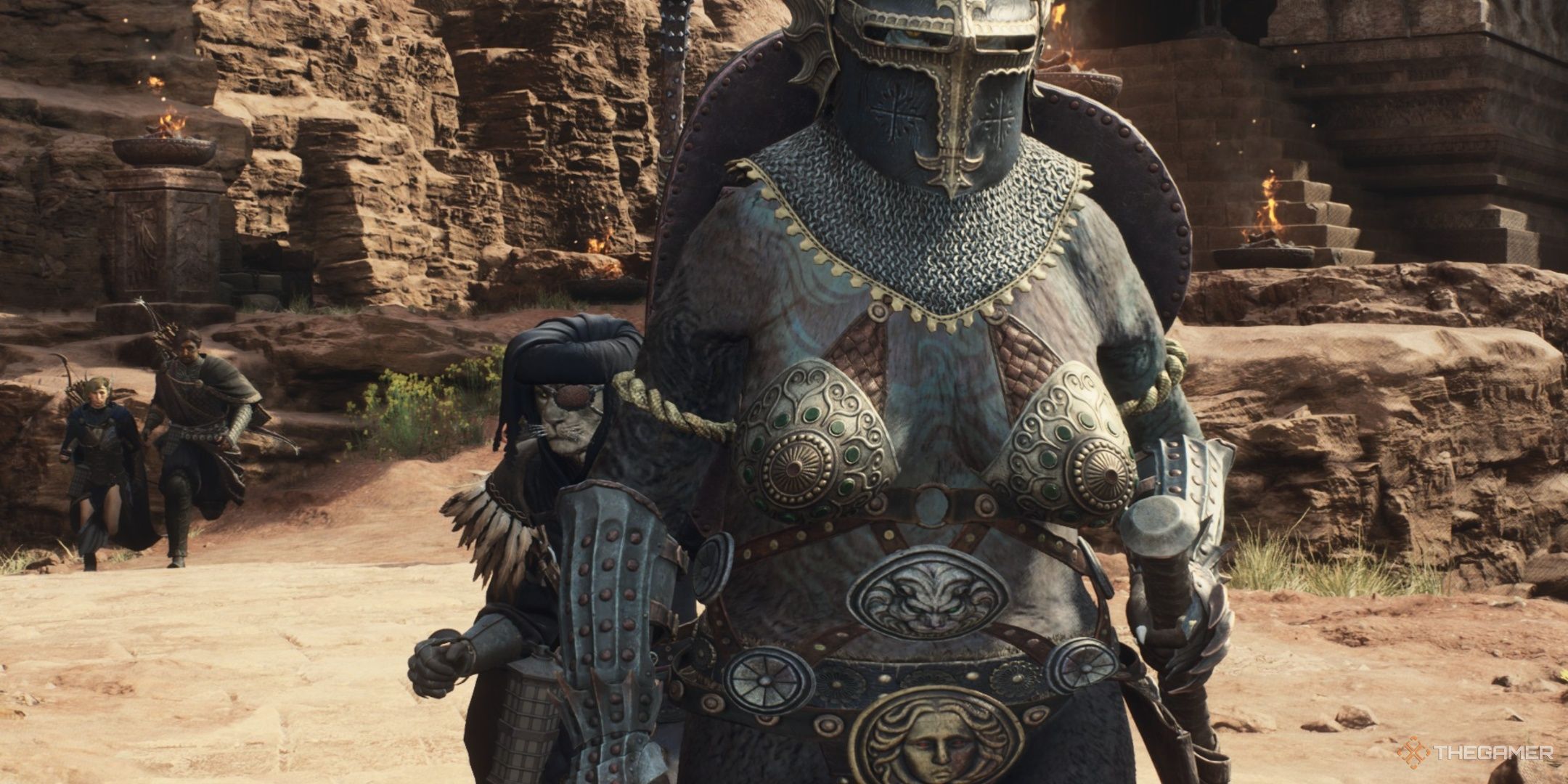 The Arisen hiding behind a wandering Pawn wearing revealing armour in Dragon's Dogma 2