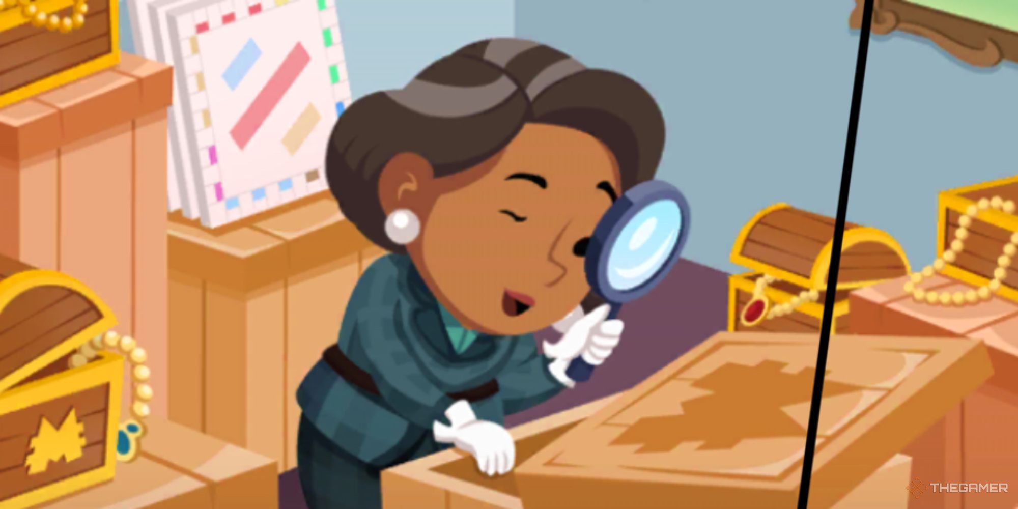 Ms. Monopoly examining a treasure with magnifying glass in Monopoly Go.