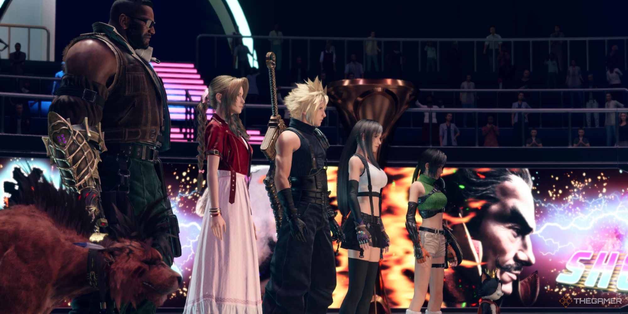 Cloud and the rest of the party lined up at the Musclehead Colosseum in Final Fantasy 7 Rebirth.