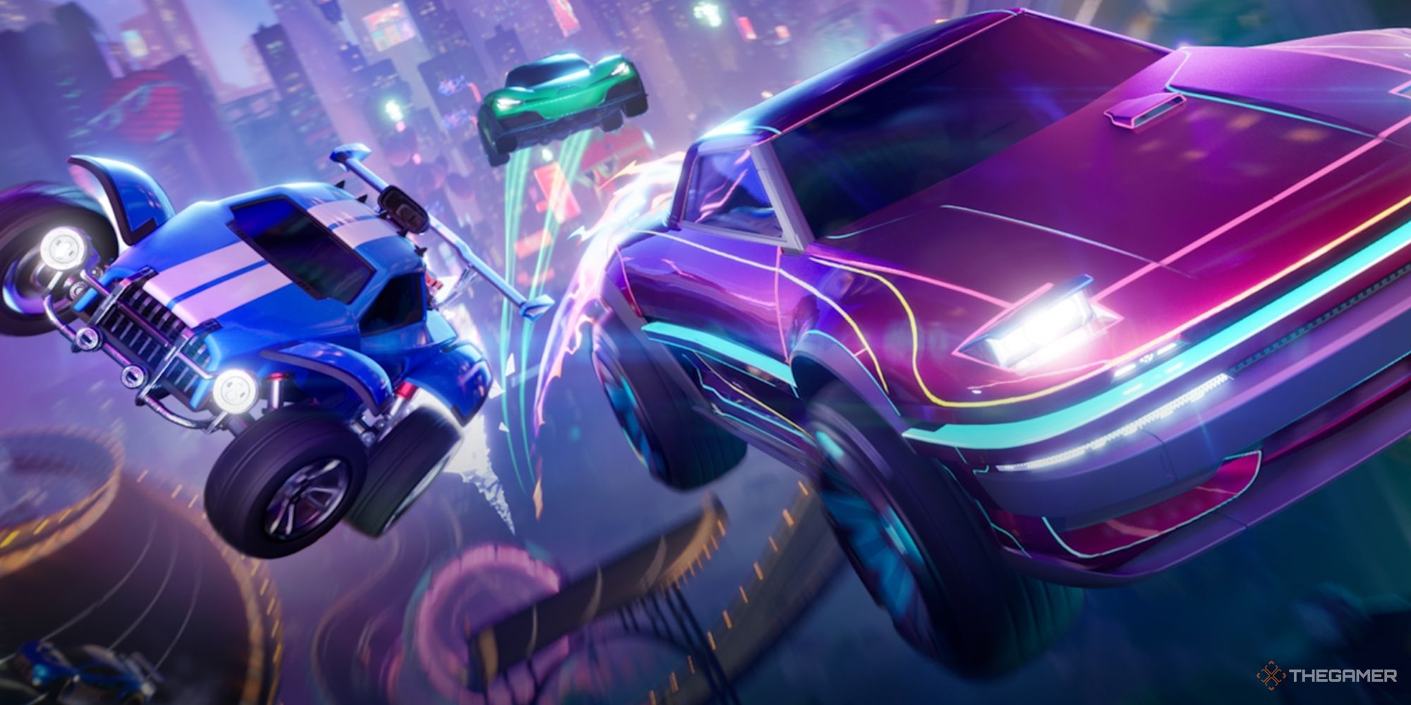 Left: Blue Car, right: purple car, background: green car, from Fortnite Rocket Racing.