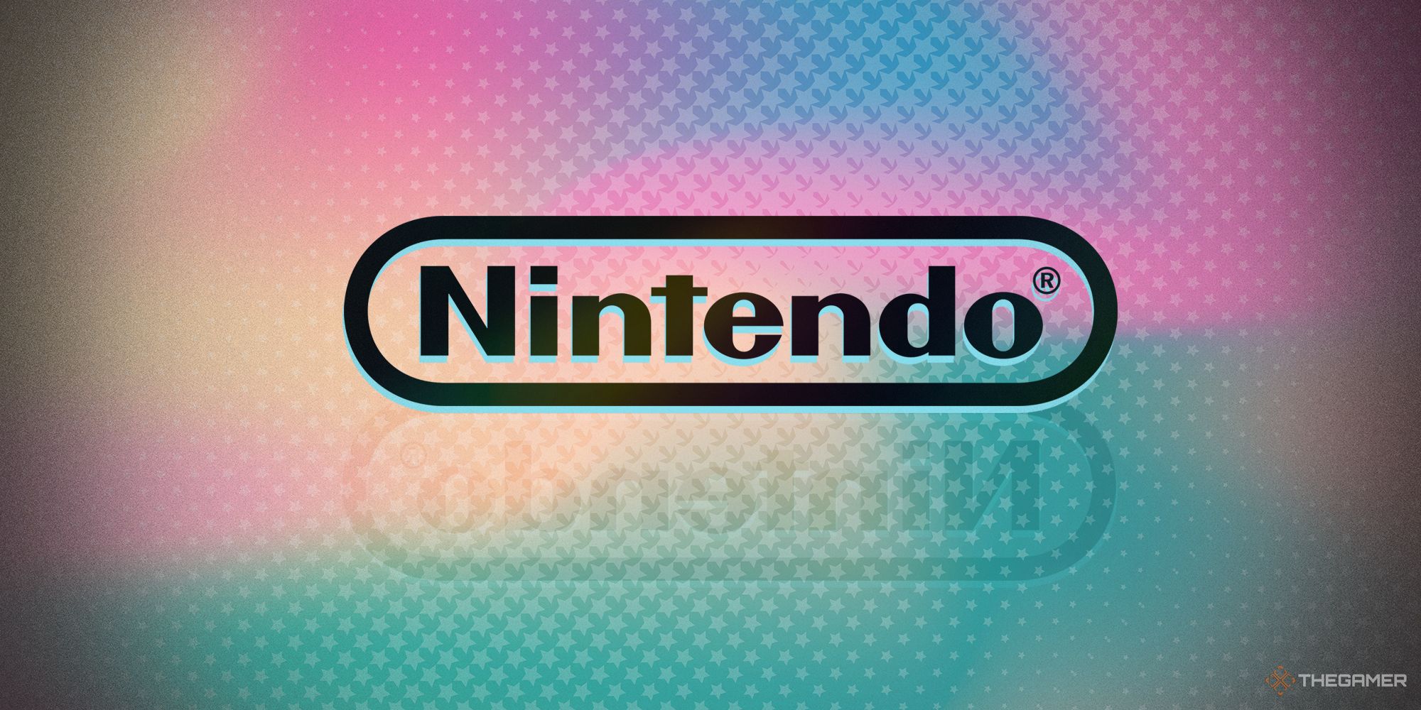 NEWS Nintendo logo over pink and blue stars background with logo reflected underneath