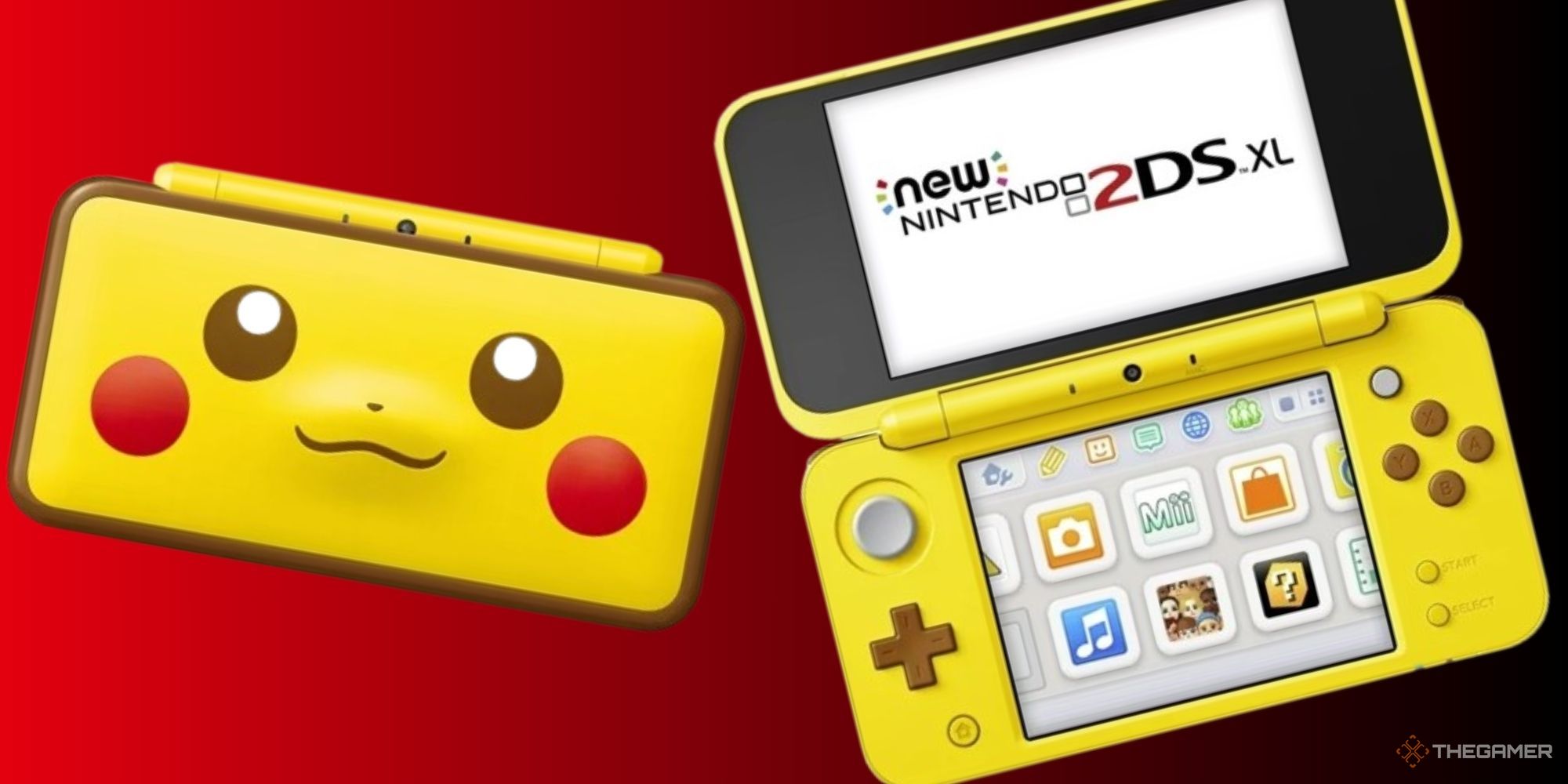 Images of a Pikachu themed Nintendo 3DS on a red and black background
