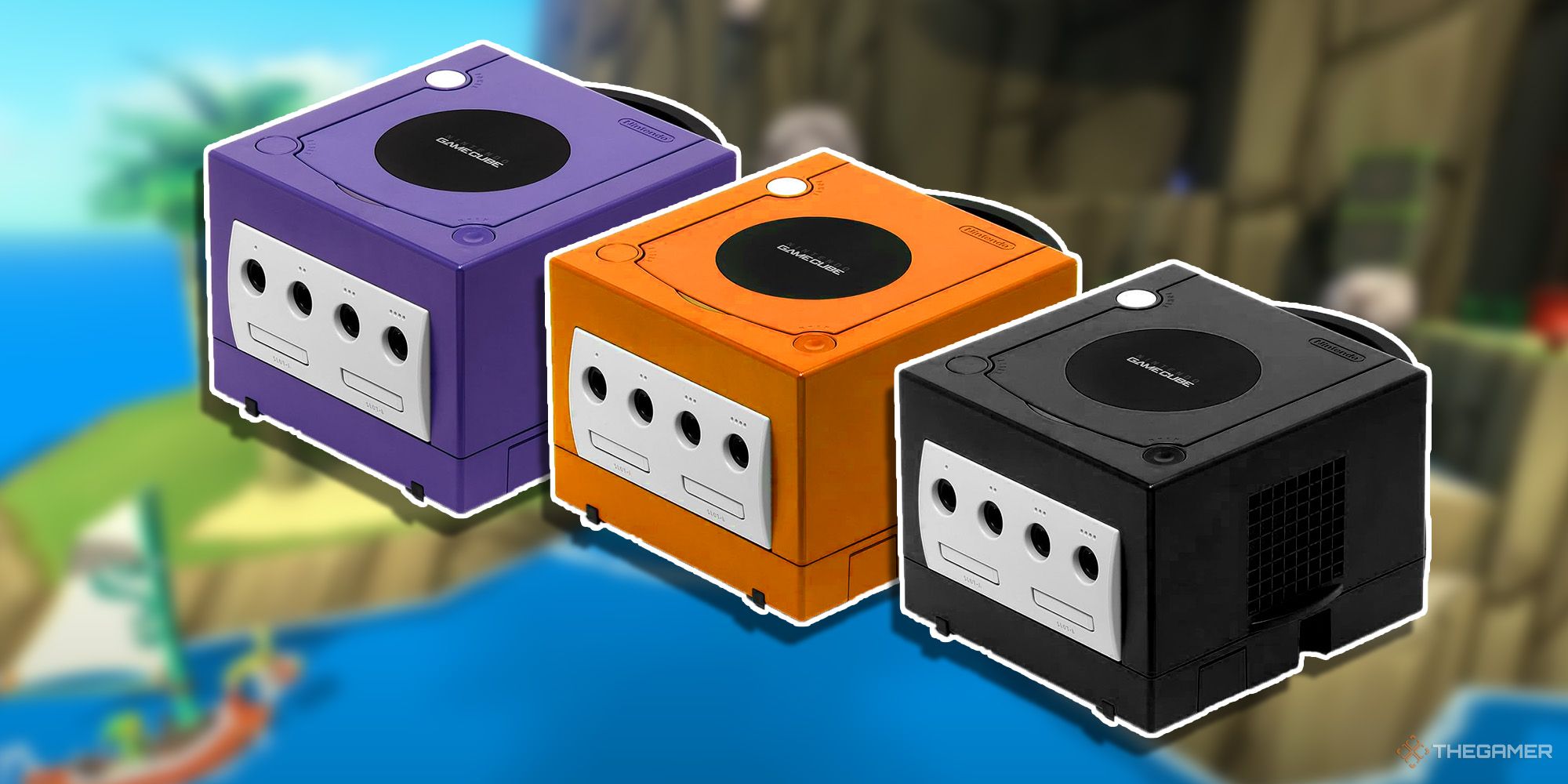 A purple, orange, and black GameCube playing The Legend of Zelda: Wind Waker