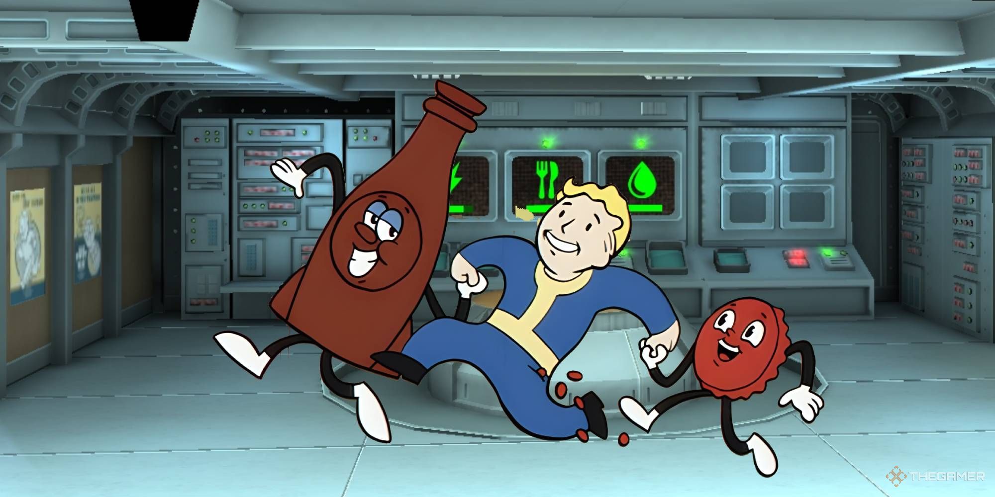 Vault Boy frolicking through the Overseer's Office with Bottle and Cappy.