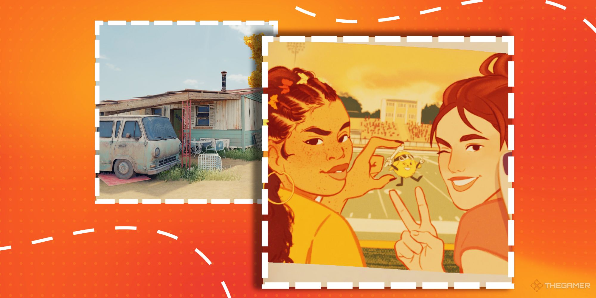The summer house in Open Roads and an illustrated polaroid of Tess and a friend