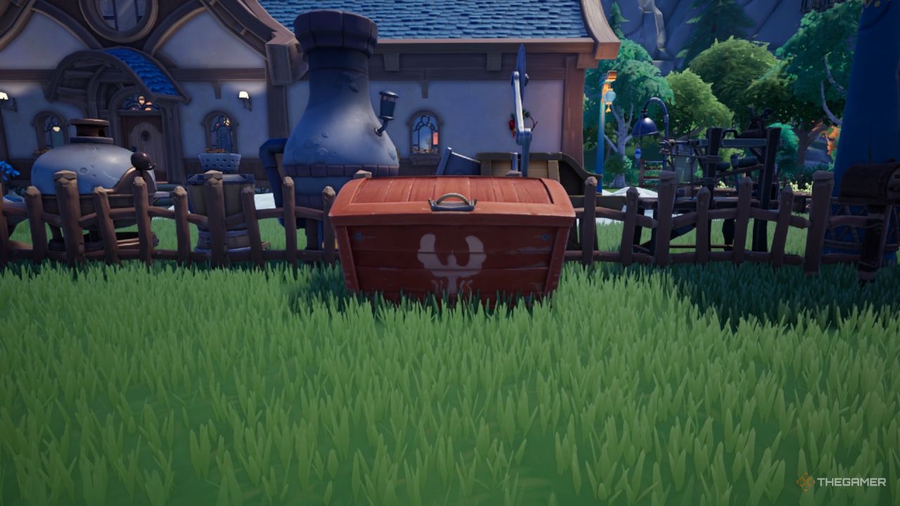 Palia housing plot showing the red shipping bin to sell items.