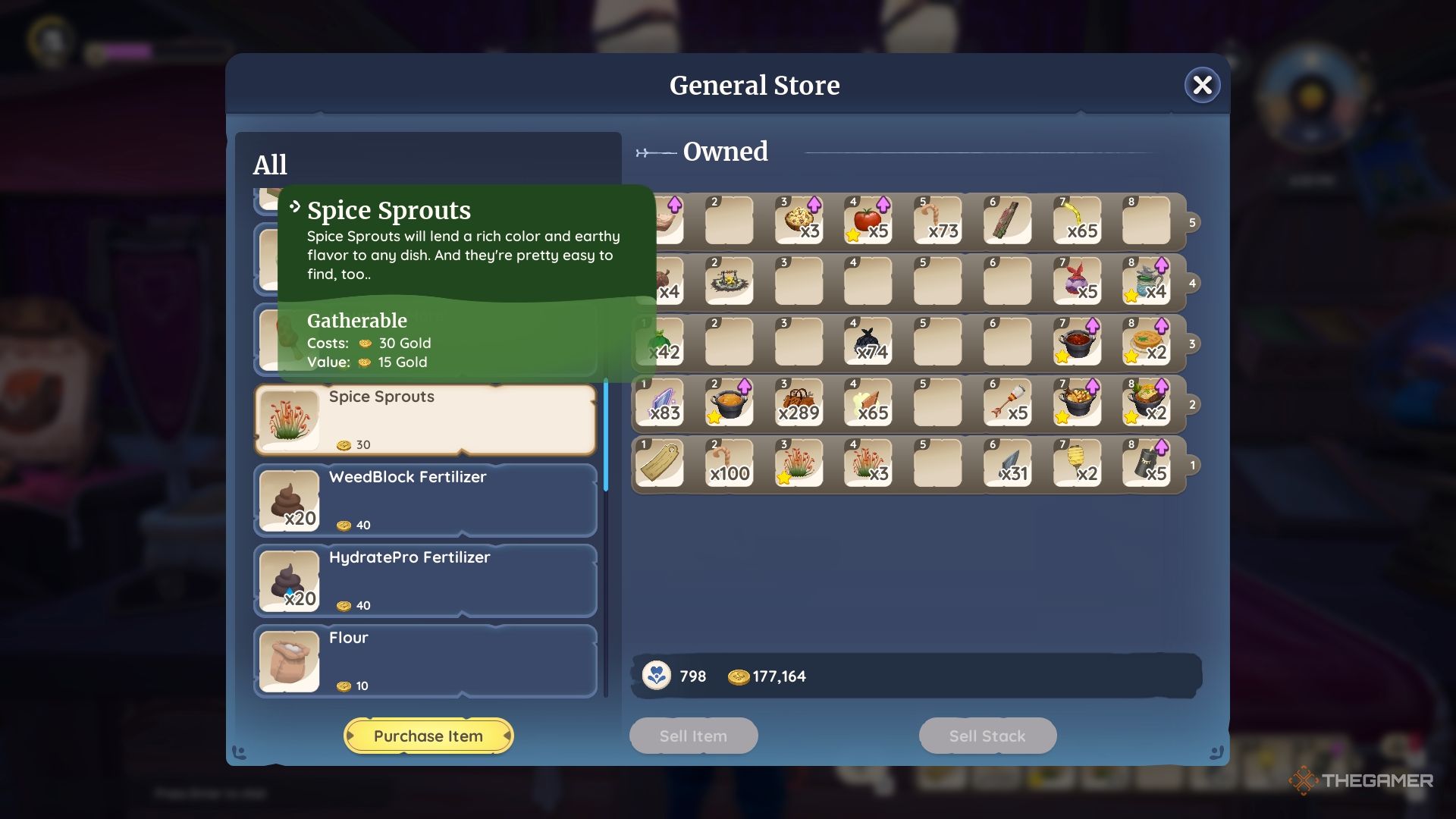 Palia general store interface with Spice Sprouts highlighted.
