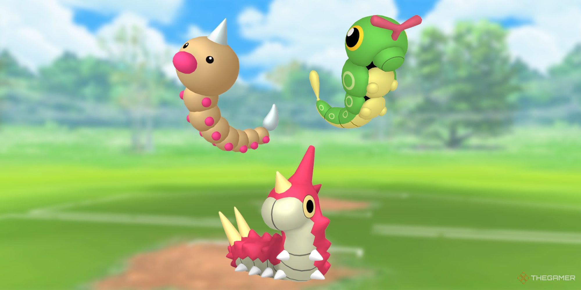 Weedle, Caterpie, and Wurmple with the Pokemon Go battlefield as the background