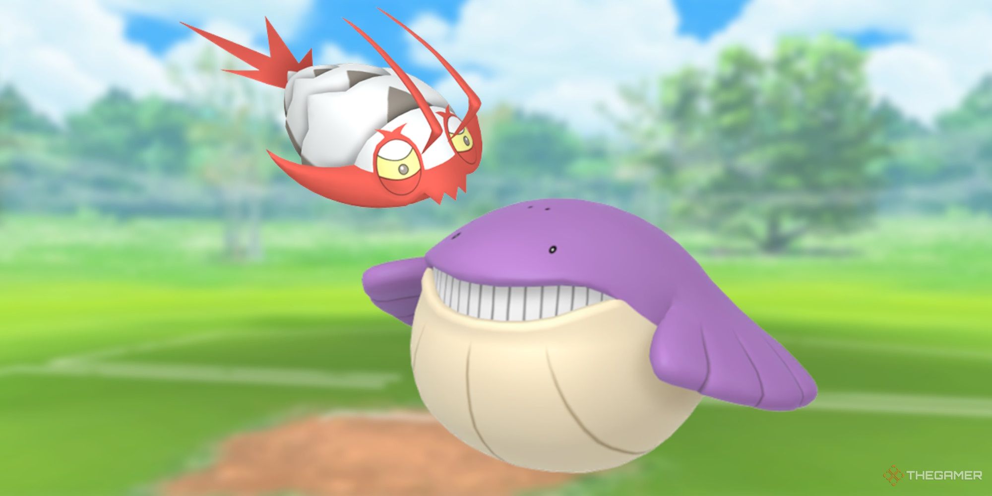 Image of Shiny Wimpod and Shiny Wailmer with the Pokemon Go battlefield as the background