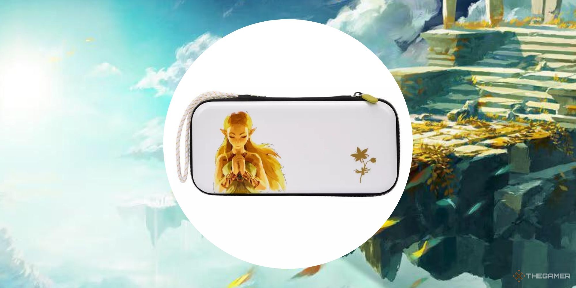 Princess Zelda Switch case with a background of Tears of the Kingdom official art