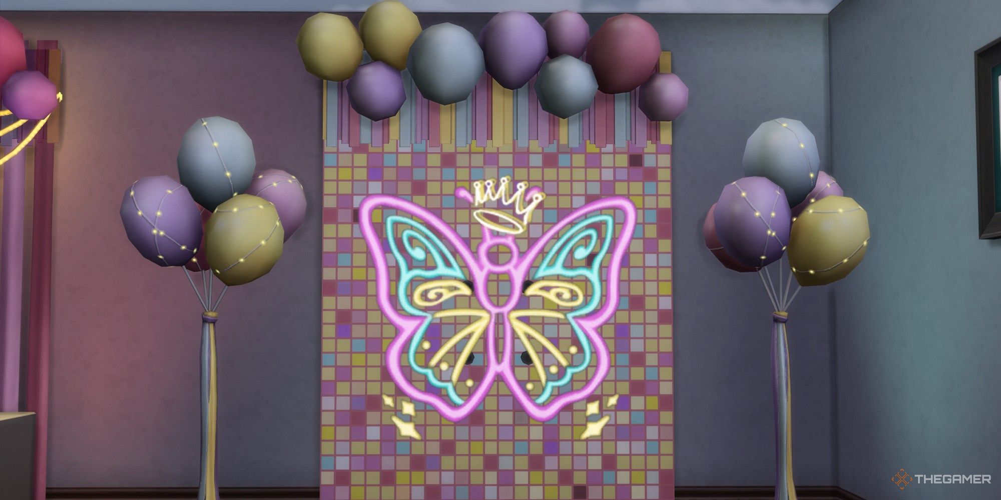 rainbow butterfly neon sign at a party the sims 4 party essentials kit