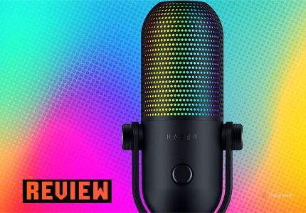 Razer Seiren V3 Chroma against a multicolour backdrop with the review overlay.