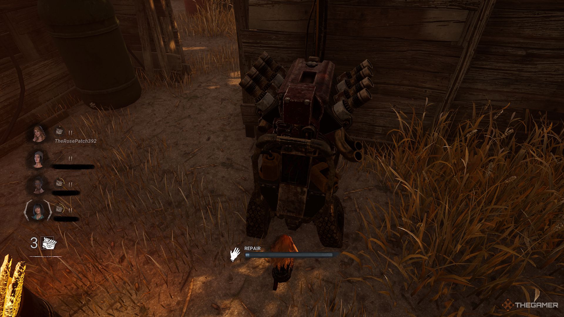Tiny Kate survivor repairing a generator in the My Little Oni modifier in Dead By Daylight