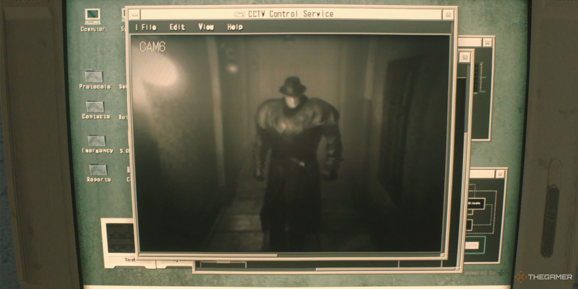 Mr. X appearing on the security camera footage in Resident Evil 2 Remake