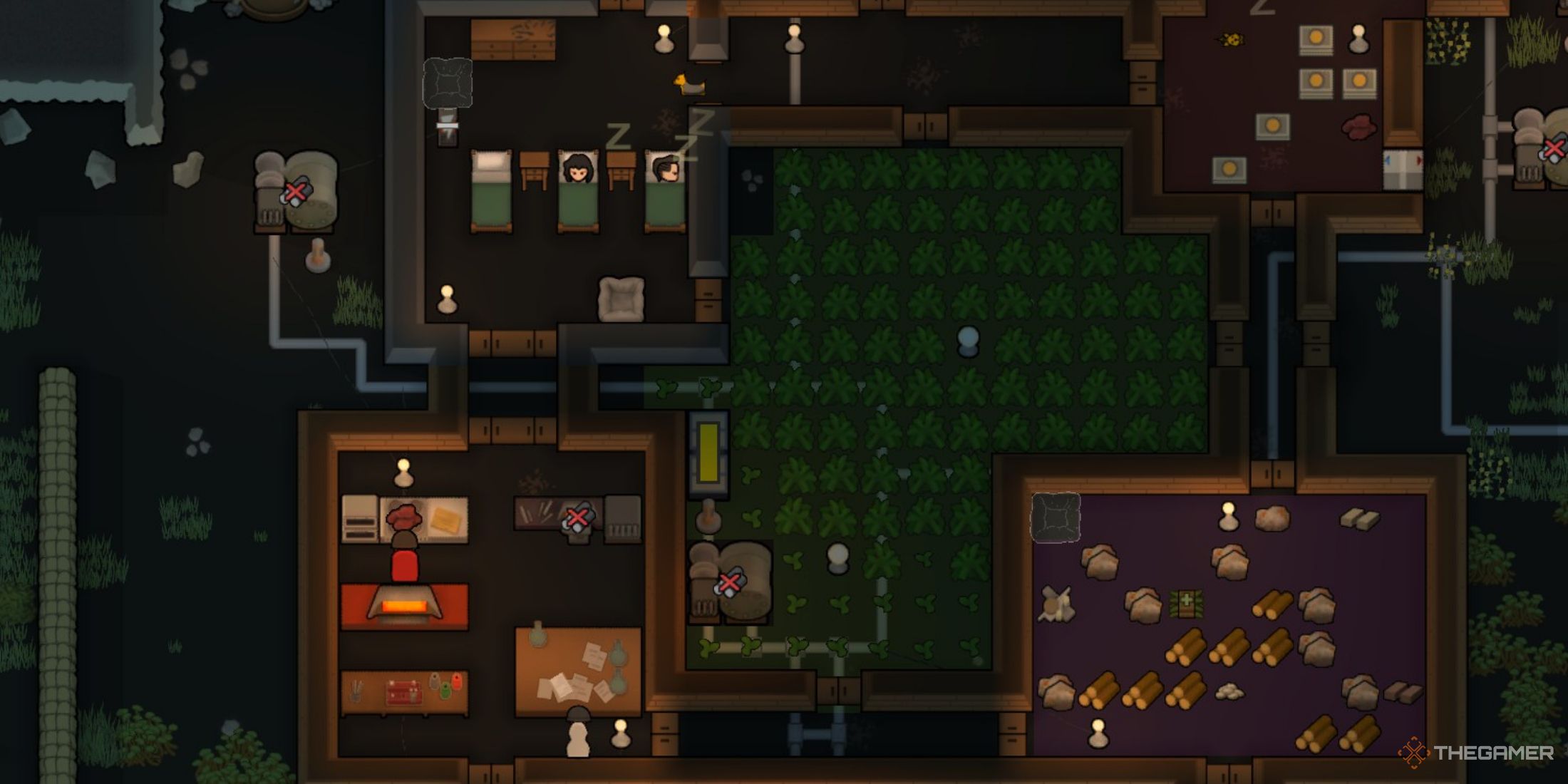 A screenshot from Rimworld showing an enclosed wooden and stone base with a large collection of crops in the middle.