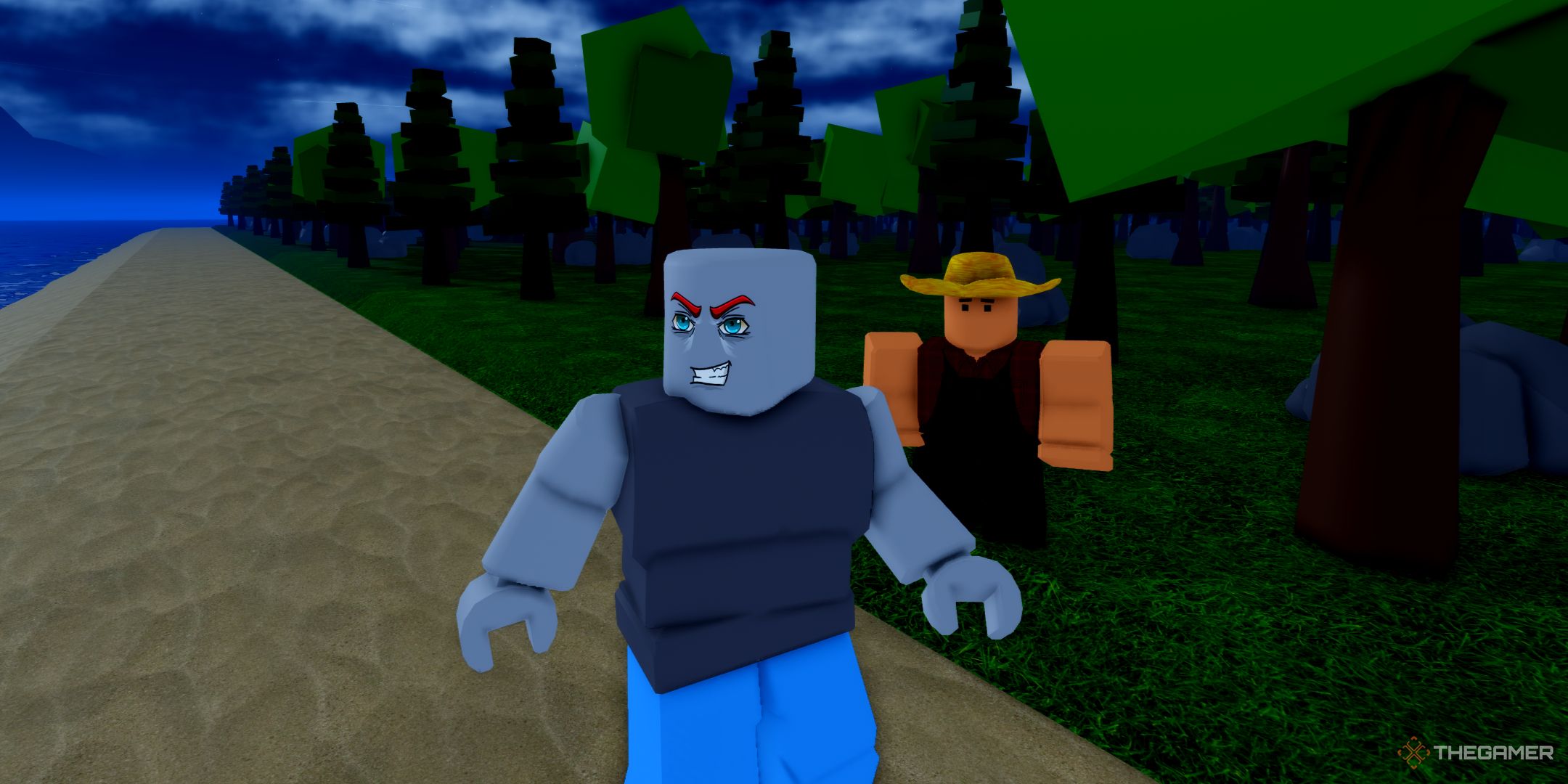 the farmer behind a player character in Kingdom Conquerors on Roblox