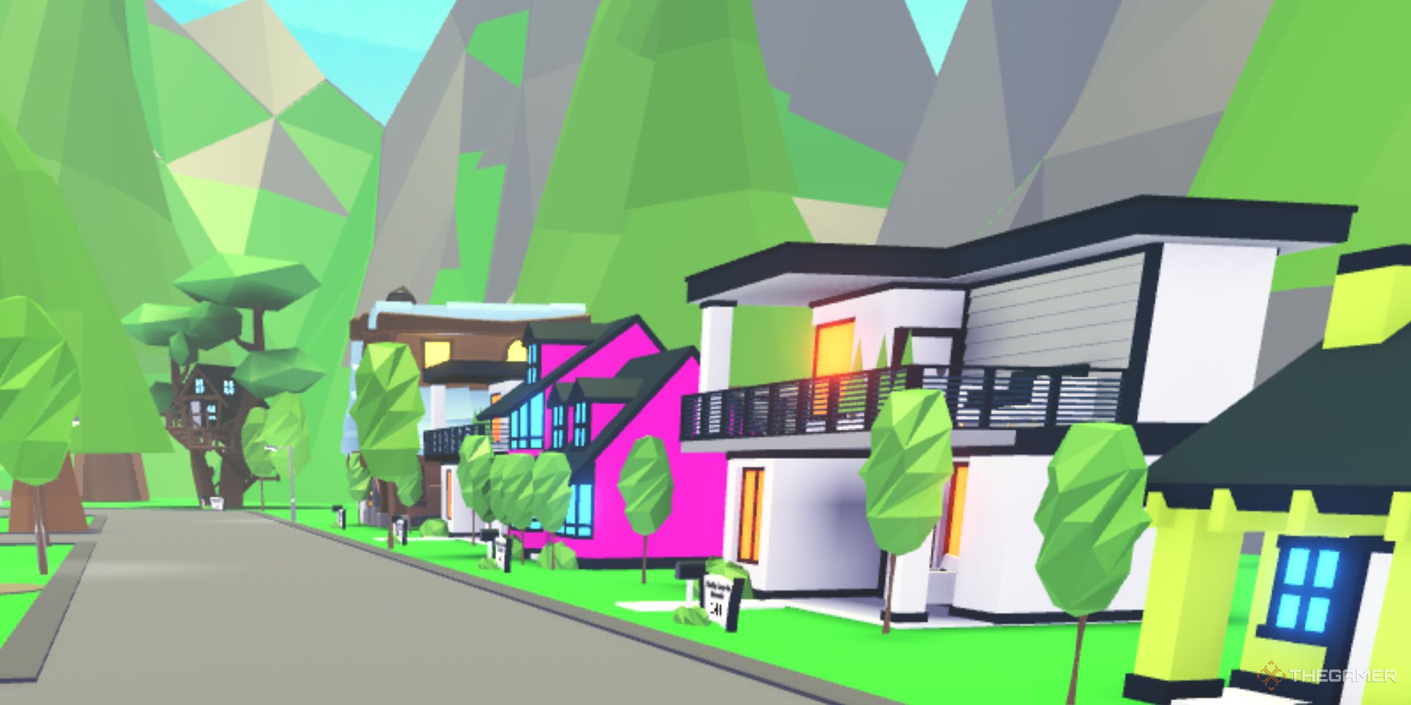 A screenshot from the Roblox: Adopt Me game showing a street filled with different homes of shapes, sizes, and colors. Trees, foliage, and rocky surfaces surround the house.