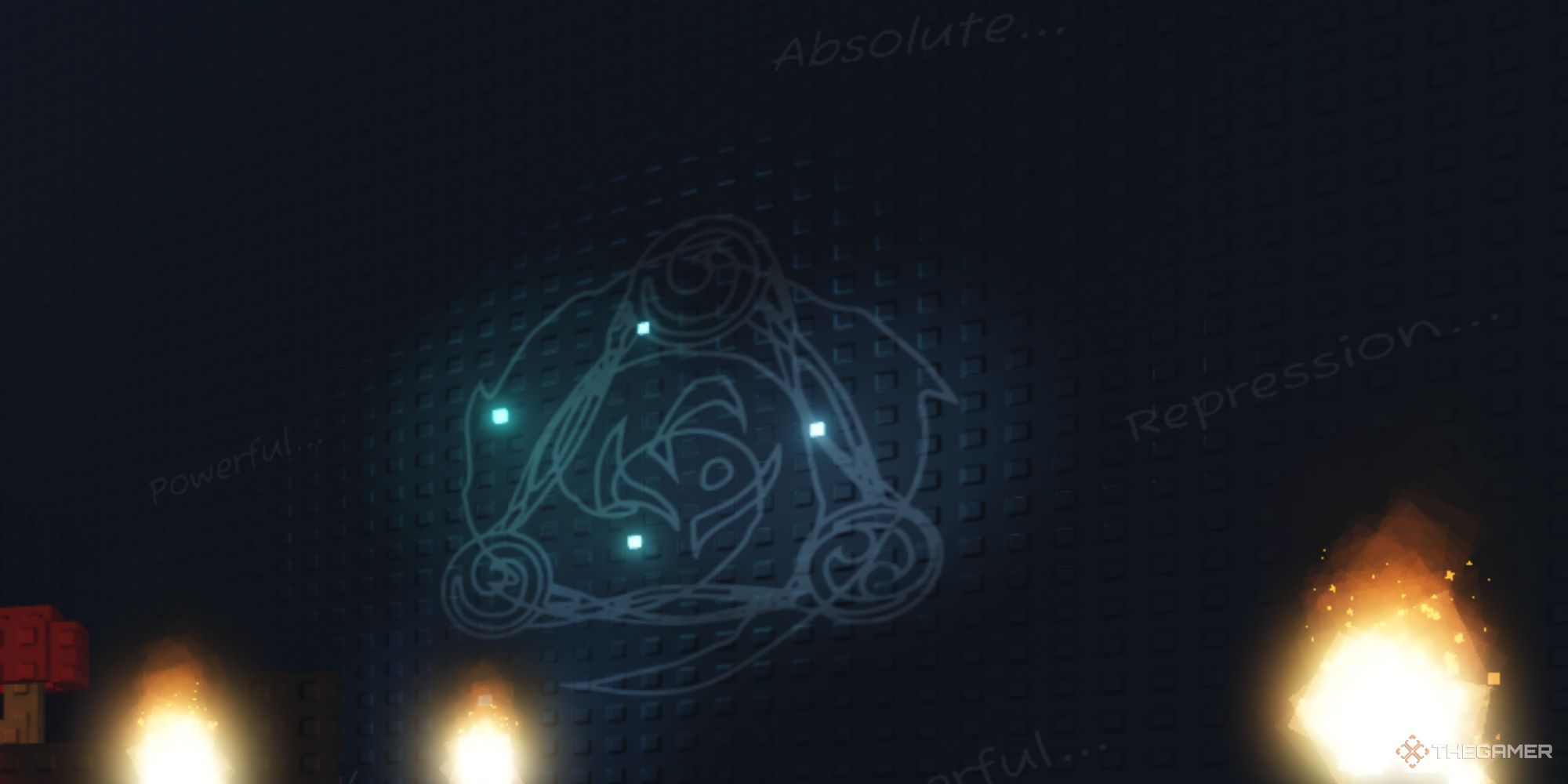 A screenshot from Roblox: Sol's RNG that shows the white chalk altar symbol surrounded by small blue fireflies