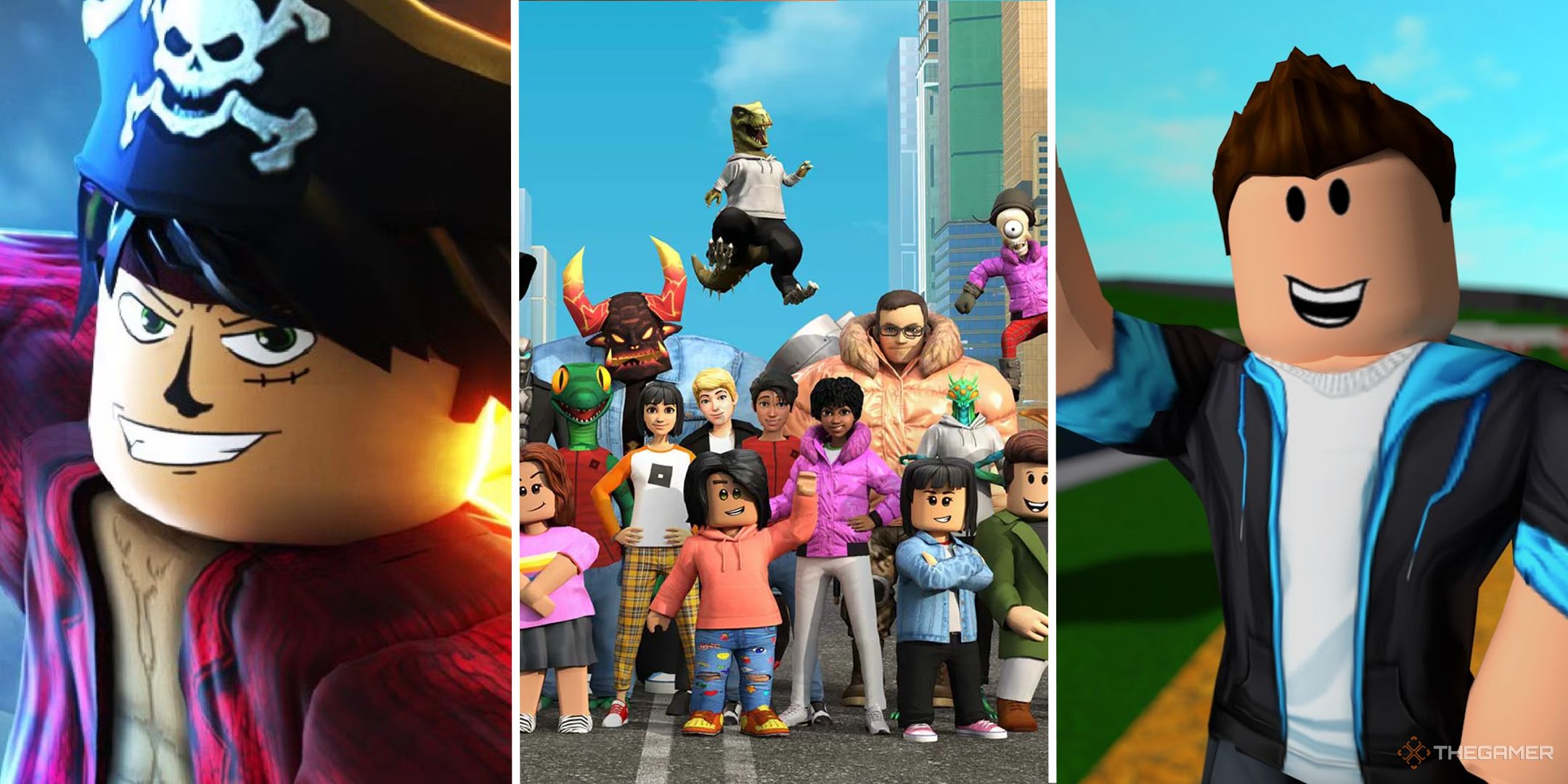 roblox split image with blox fruit and bloxburg, with roblox promotional art in center of screen