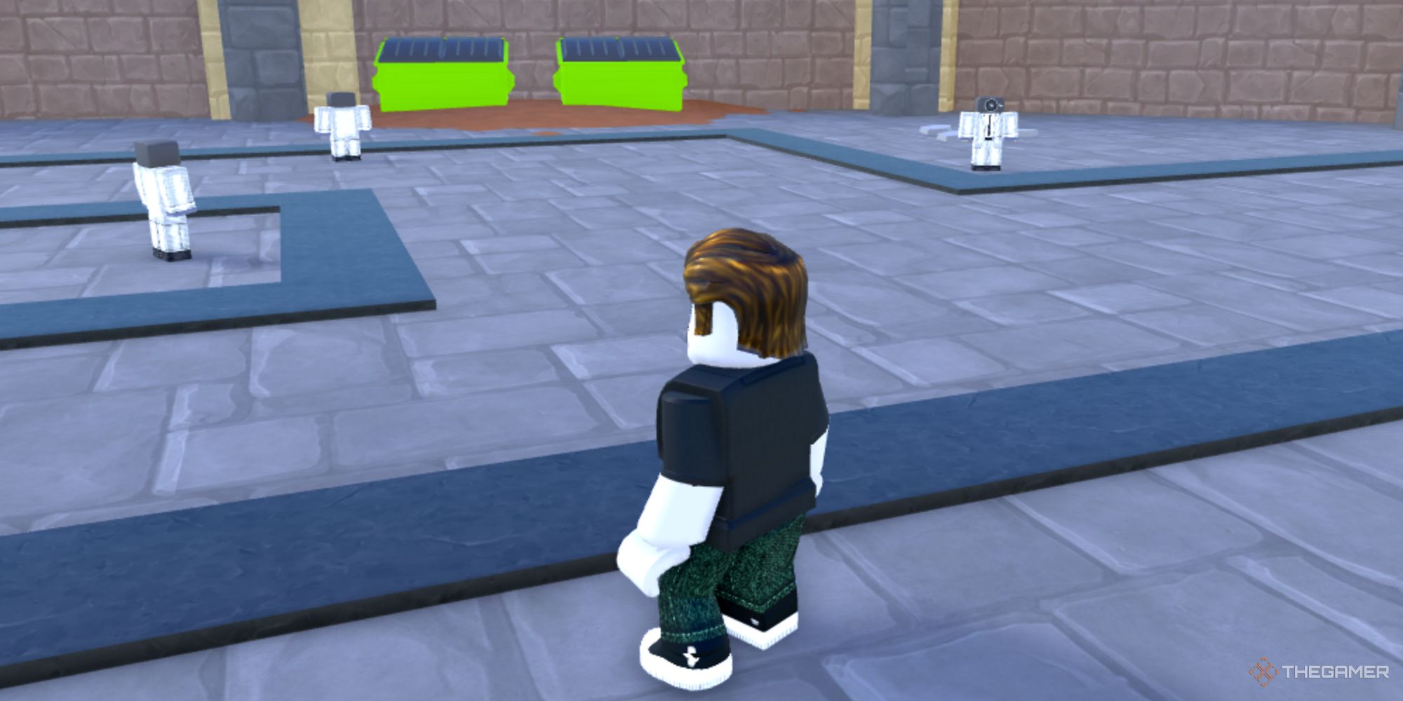 A screenshot from Roblox showing the player character standing on the Toilet City map in Toilet Tower Defense. Basic sentries can be seen dotting the road a short distance away.