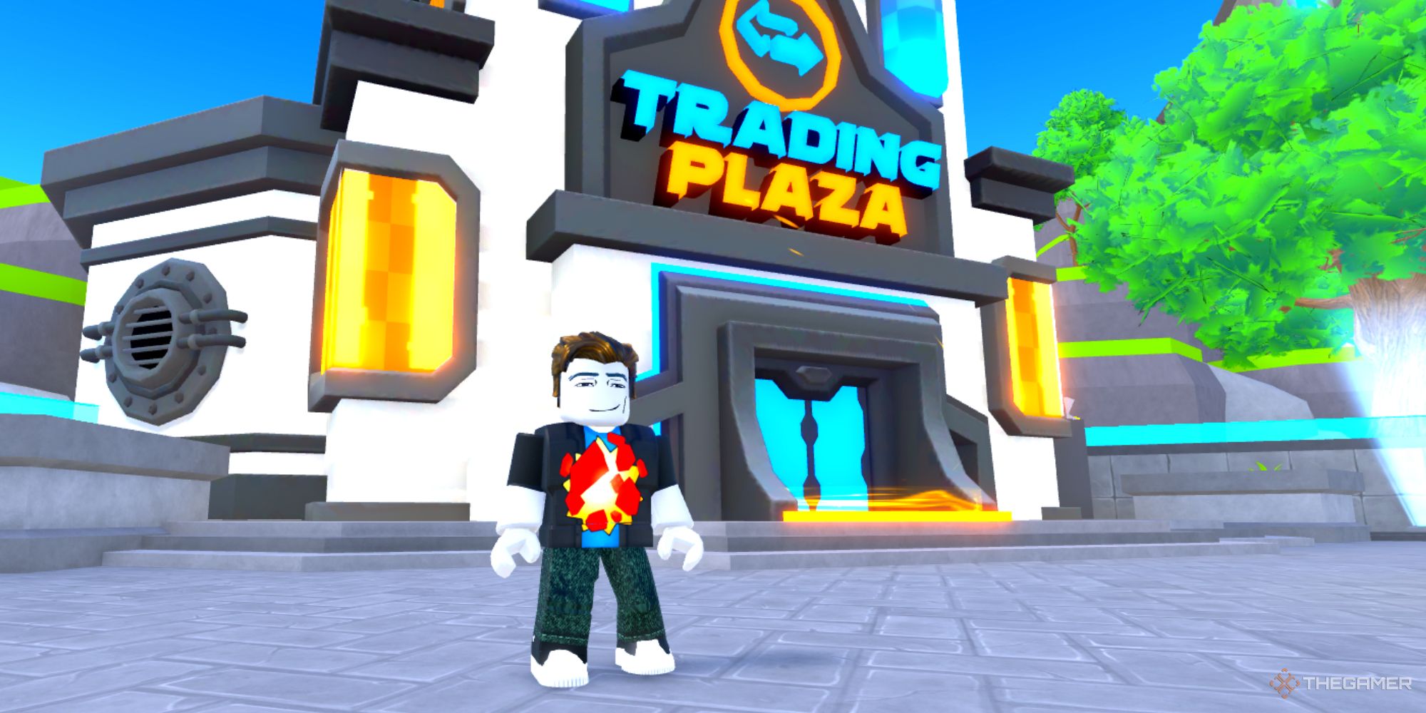 A screenshot from Roblox: Toilet Tower Defense showing a player character standing outside of the Trading Plaza.