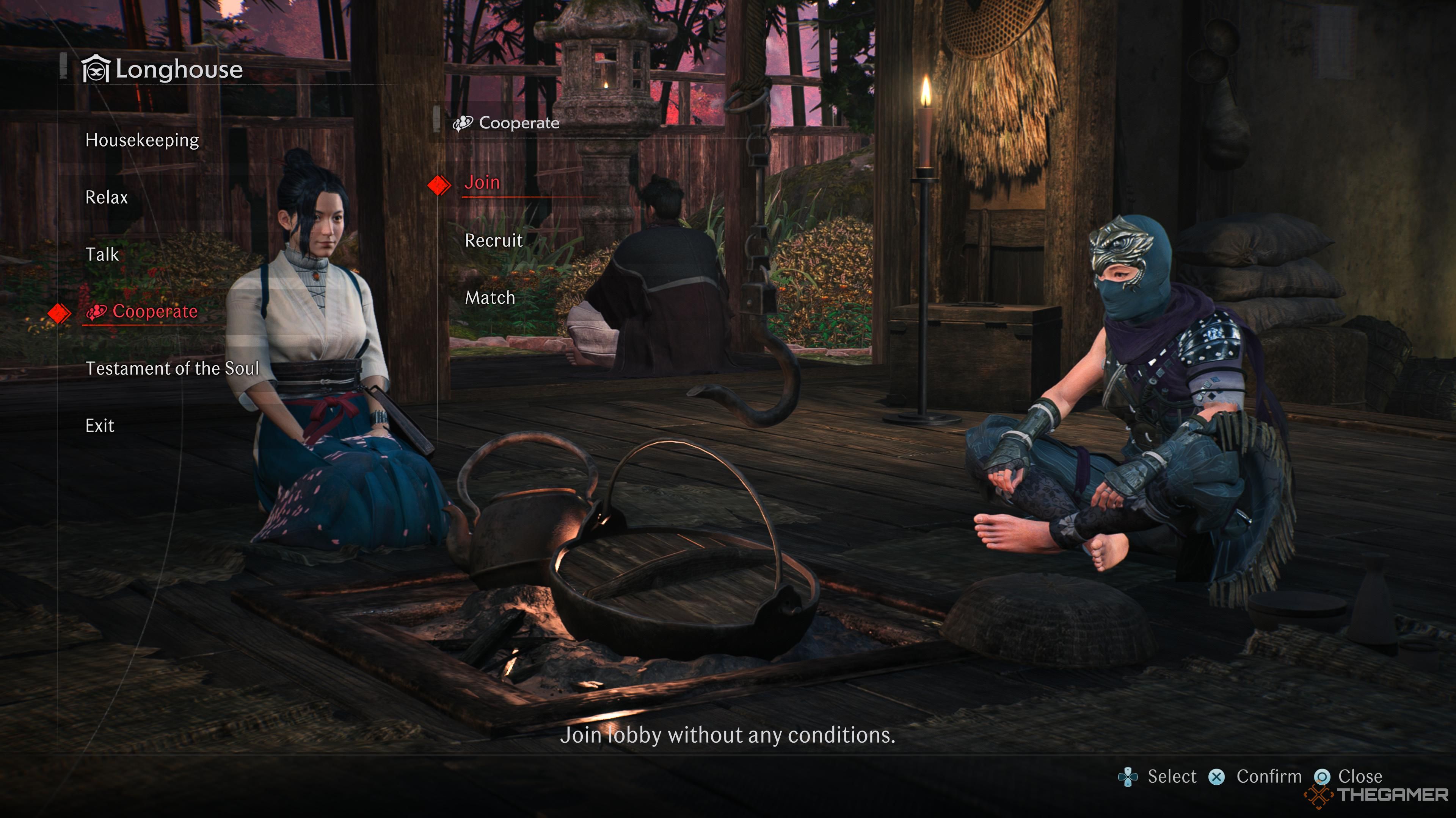Cooperate menu in the longhouse in Rise of the Ronin