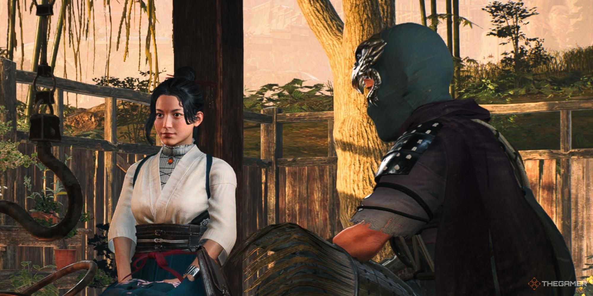 Protagonist and companion relaxing in a longhouse in Rise of the Ronin