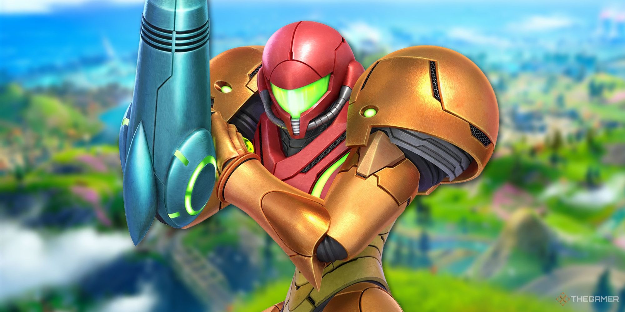 Samus Aran from Metroid above a sweeping view of the Fortnite islan