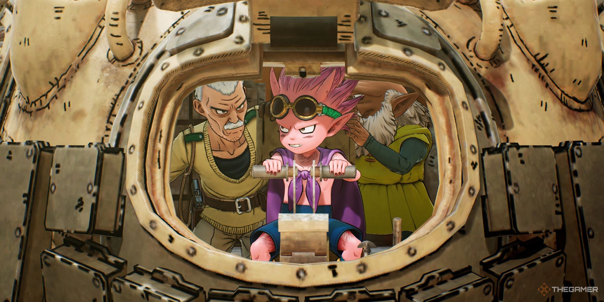 Rao, Beelzebub, and Thief in the tank cockpit in Sand Land