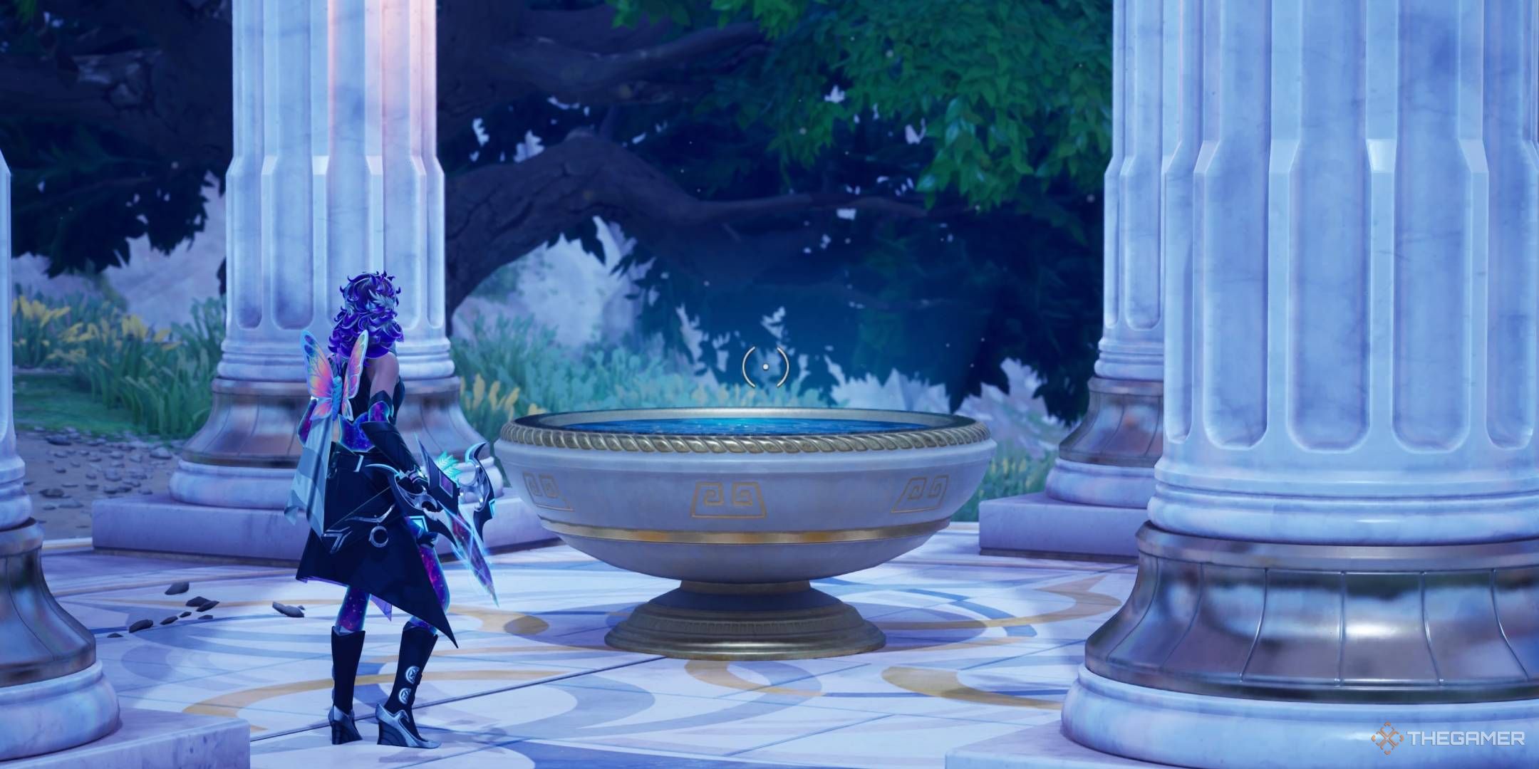 Standing in front of the Scrying Pool in Fortnite Chapter 5 Season 2.