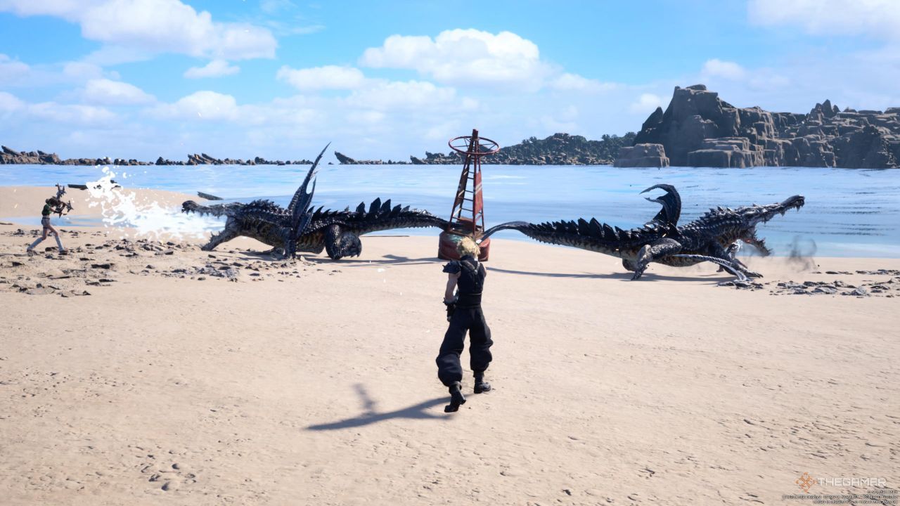 A player standing near two Sea Devils as they attack party members in Final Fantasy 7 Rebirth.