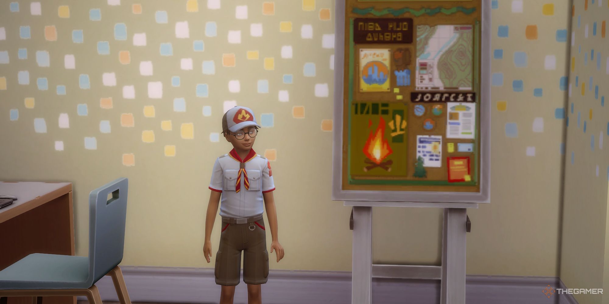 A child Scout with their Scouting Badge Board in Sims 4