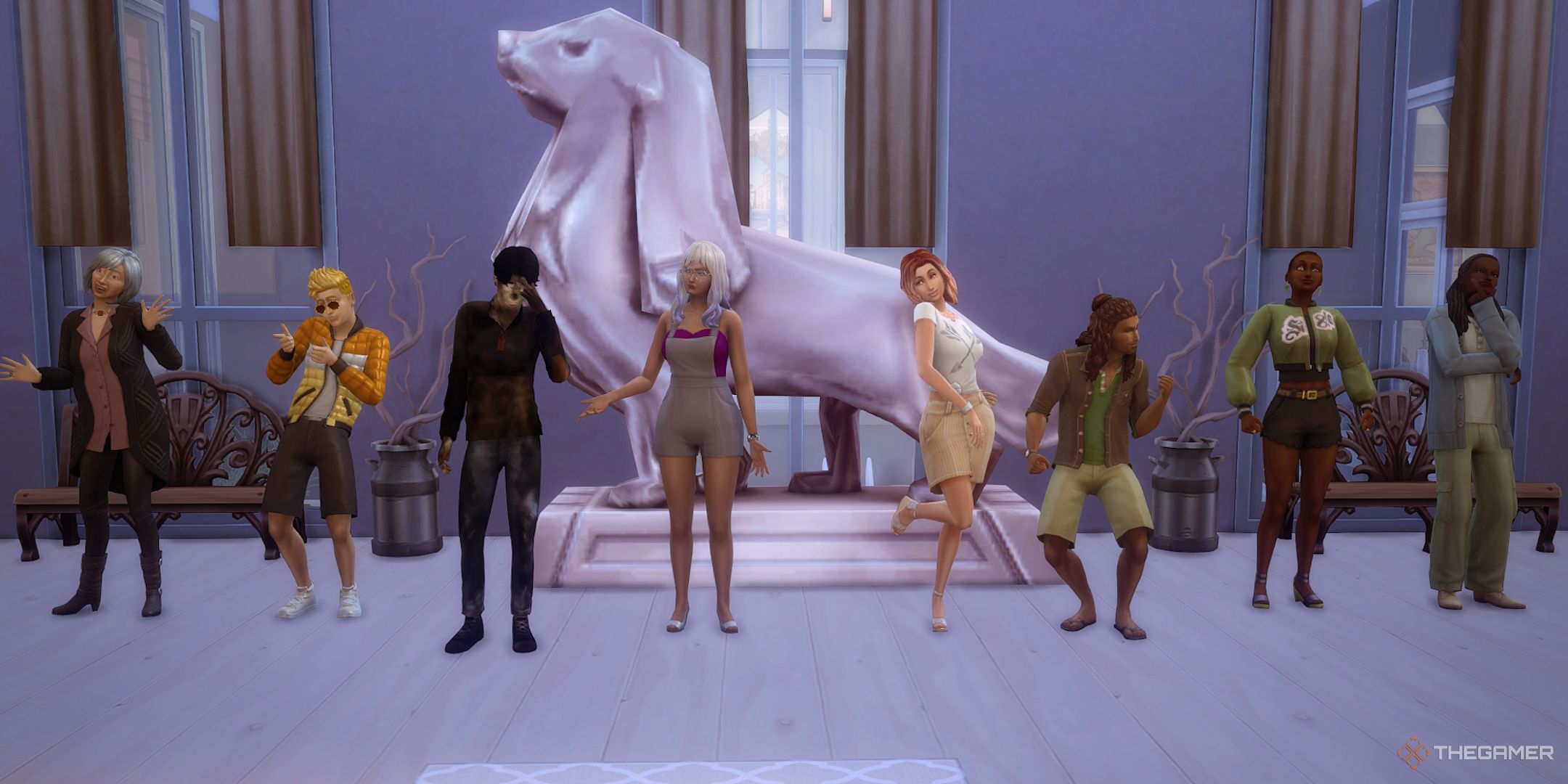 Eight Sims playing in the Sims 4 Big Brother Challenge