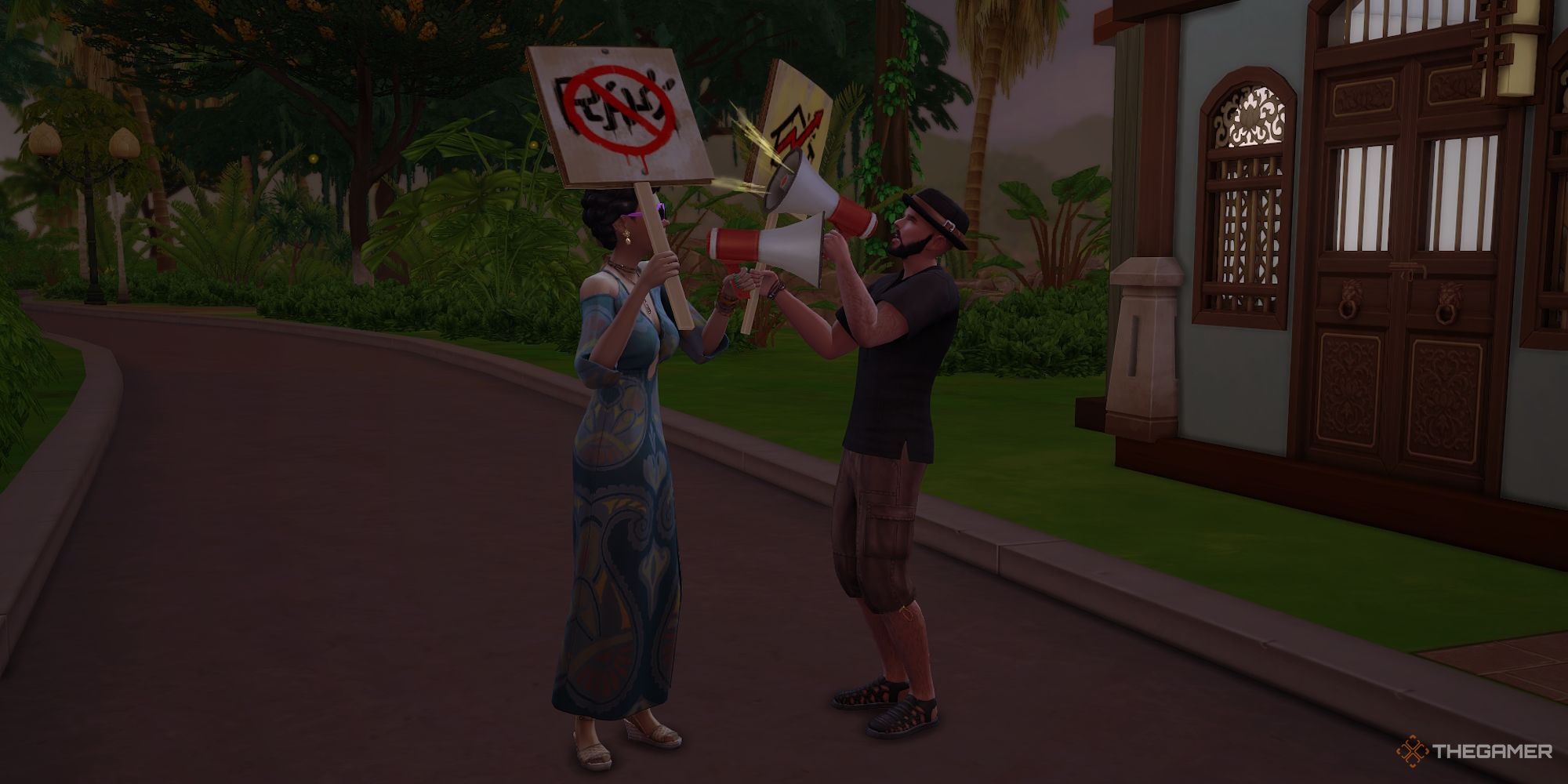 Two Sims revolting against poor living conditions outside
