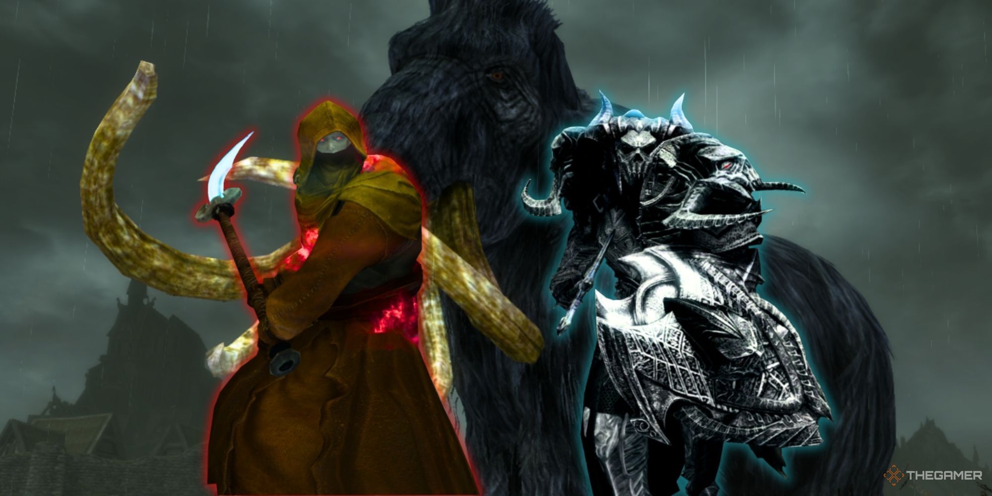 A giant grey-haired mammoth is seen behind a robe-wearing boss with red energy, and a heavily armored foe with a blue glow.