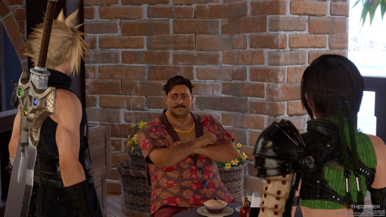 Cloud and Yuffie speaking to Mayor Kapono at Bar del Sol in Final Fantasy 7 Rebirth.