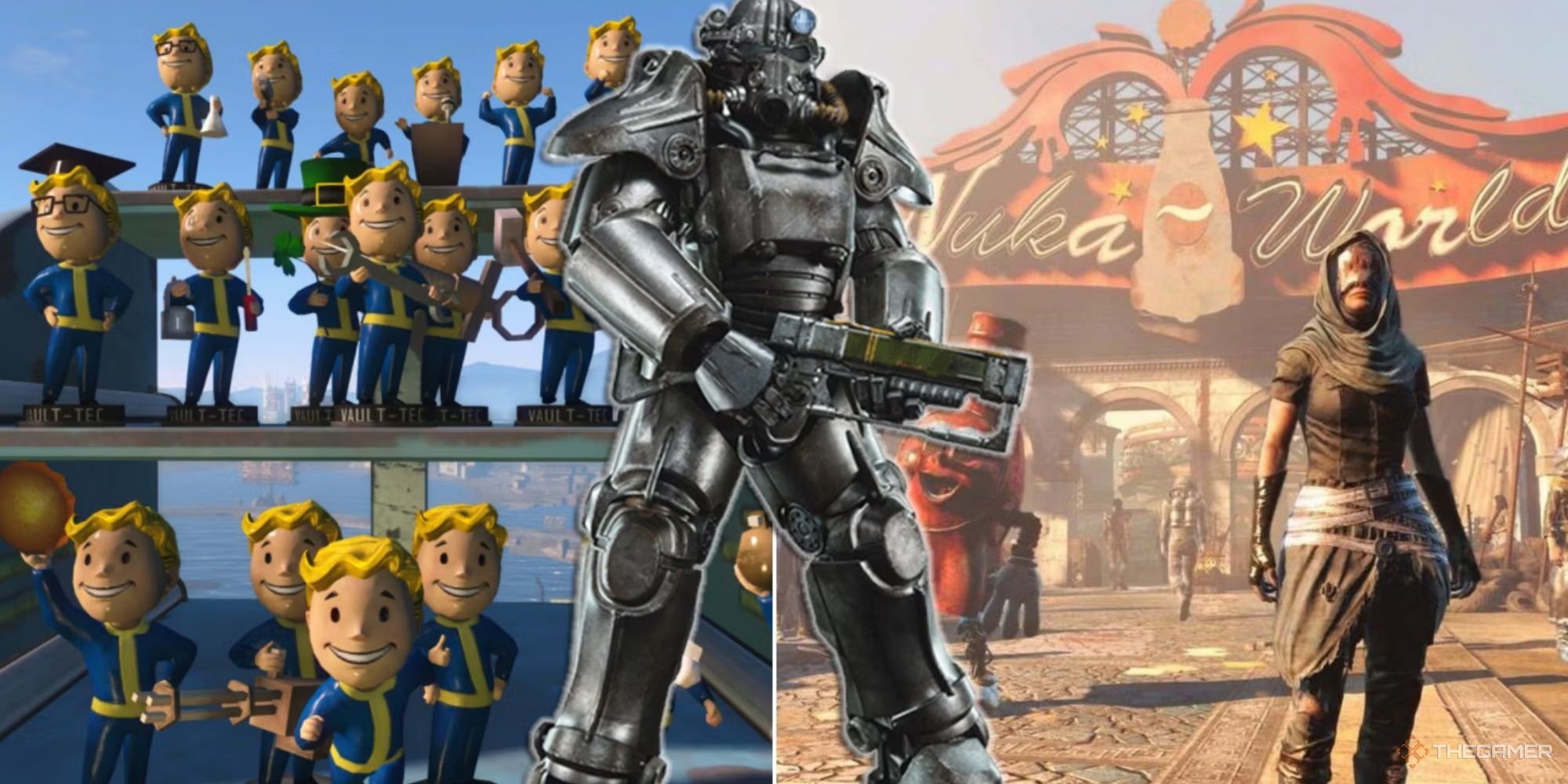 Split images of bobbleheads and characer in th wasteland in Fallout 4 with Power Armor overlaid in the middle