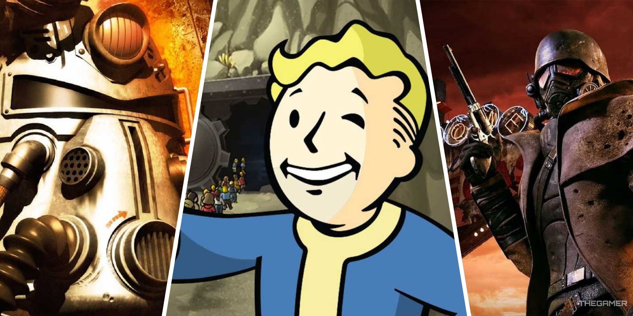 Split images of Brotherhood of Steel Soldier from Fallout, Vault Boy giving a thumbs up, and character in Fallout New Vegas