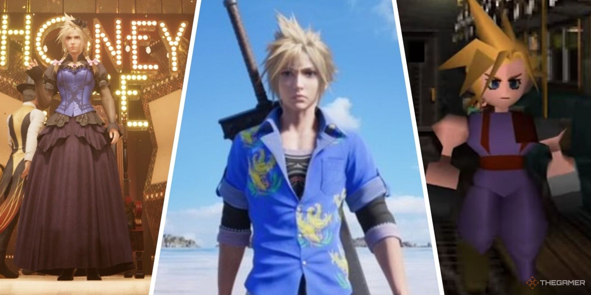 Split images of Cloud in the blue dress in FF7 Remake, Cloud in the Ocean Chocobo Outfit in FF7 Rebirth, and Cloud's original outfit in FF7