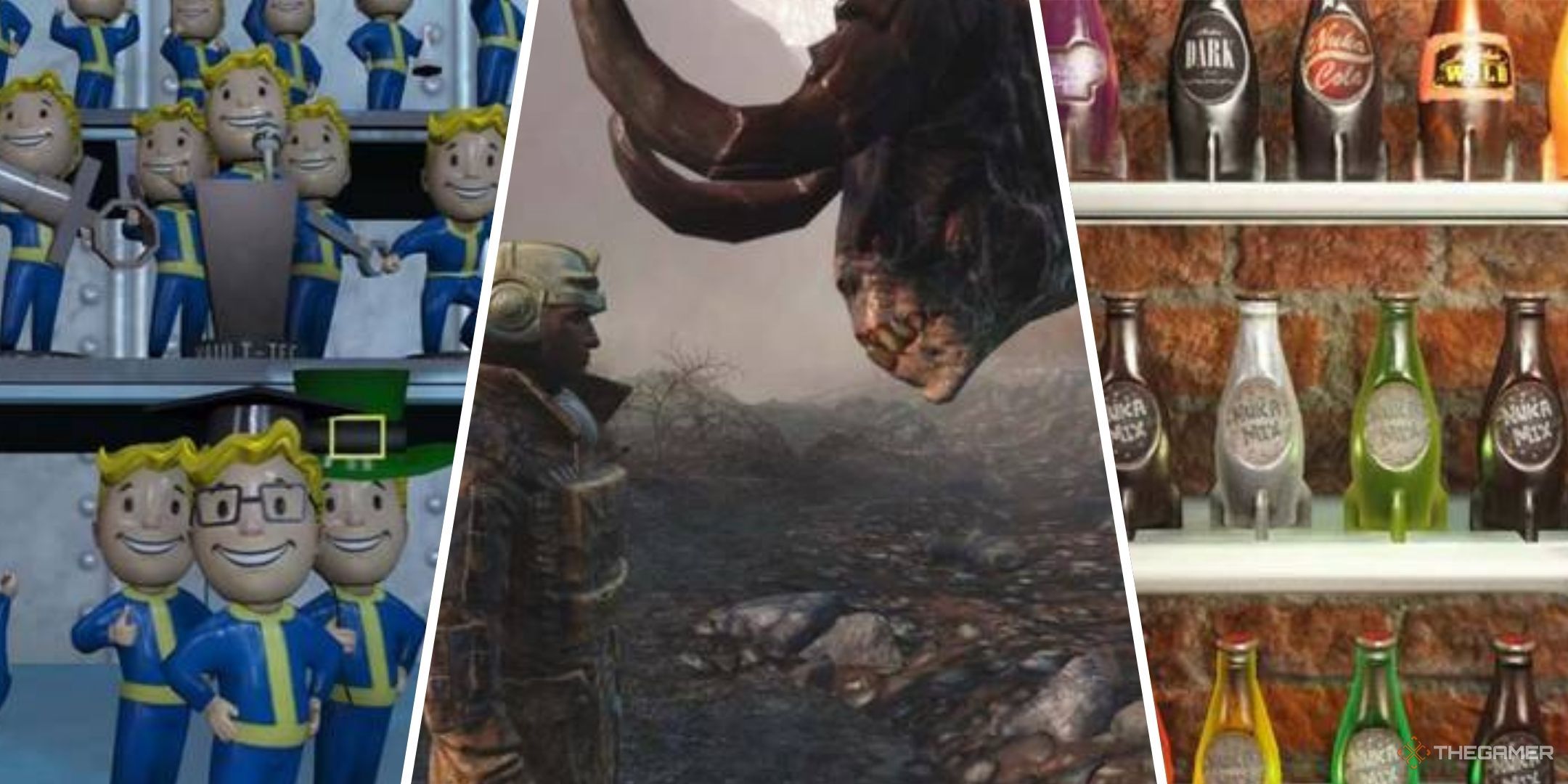 Split images of Fallout 4’s bobbleheads, a Deathclaw follower, and various Nuka-Mix drinks in Fallout 4.