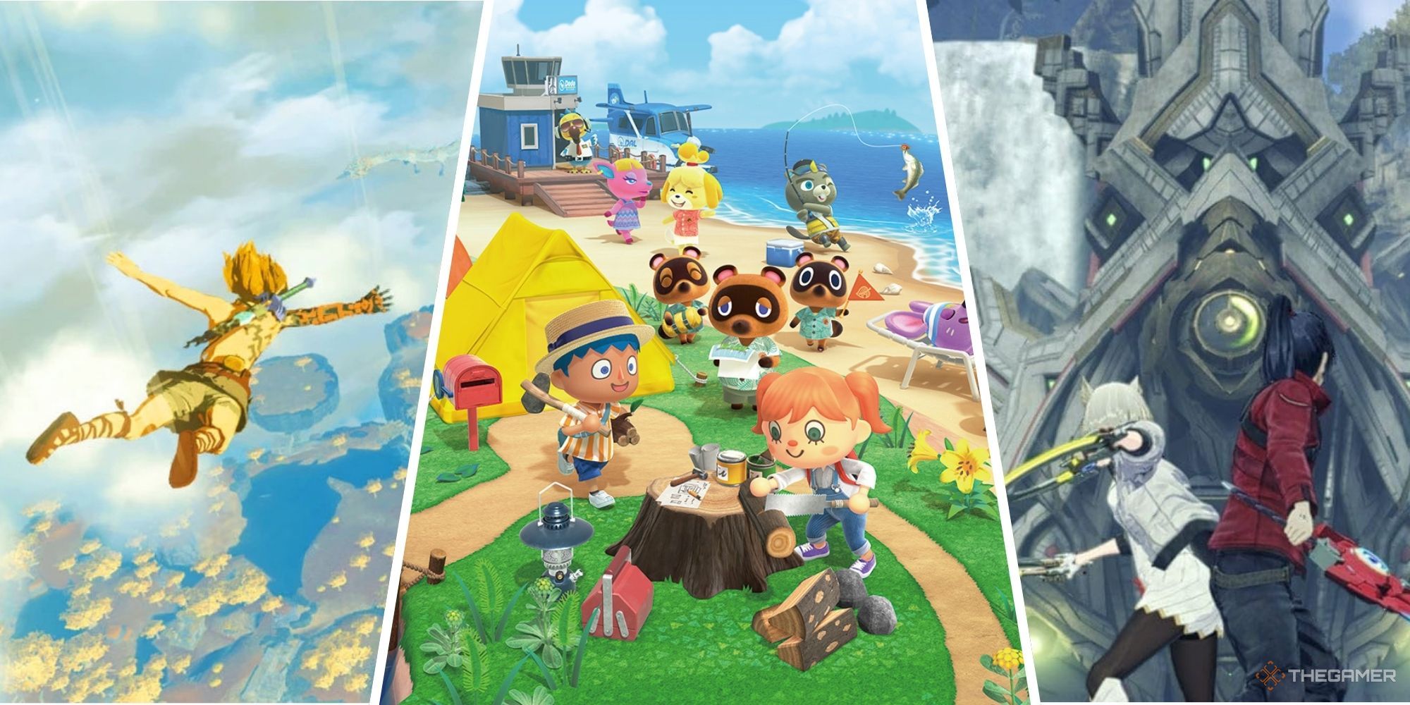 Split images of Link in Tears of the Kingdom, Animal Crossing New Horizons, and Noah and Mio in Xenoblade Chronicles 3
