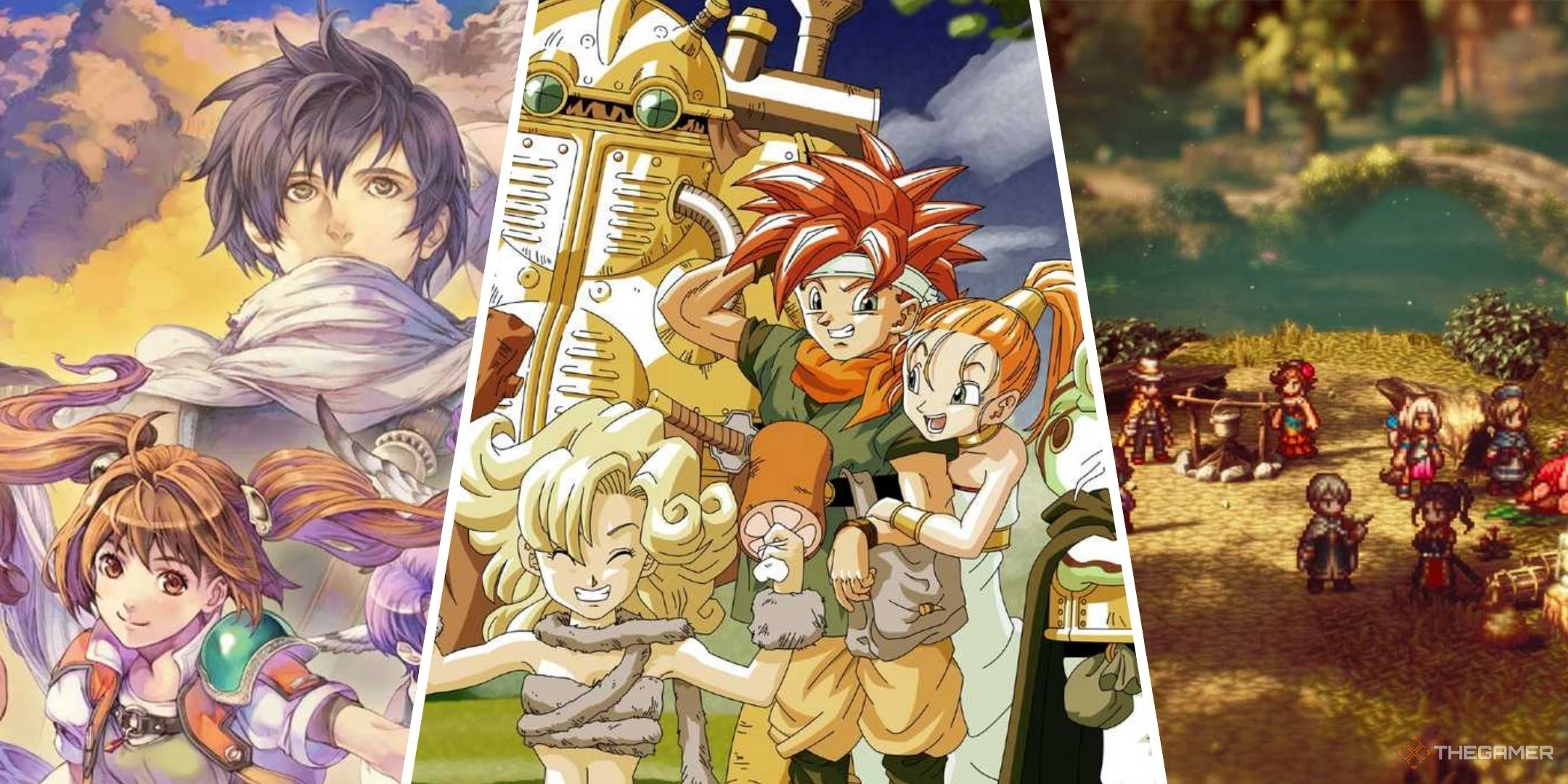 Split images of The Legend Of Heroes Trails In The Sky, Chrono Trigger, and Octopath Traveler 2