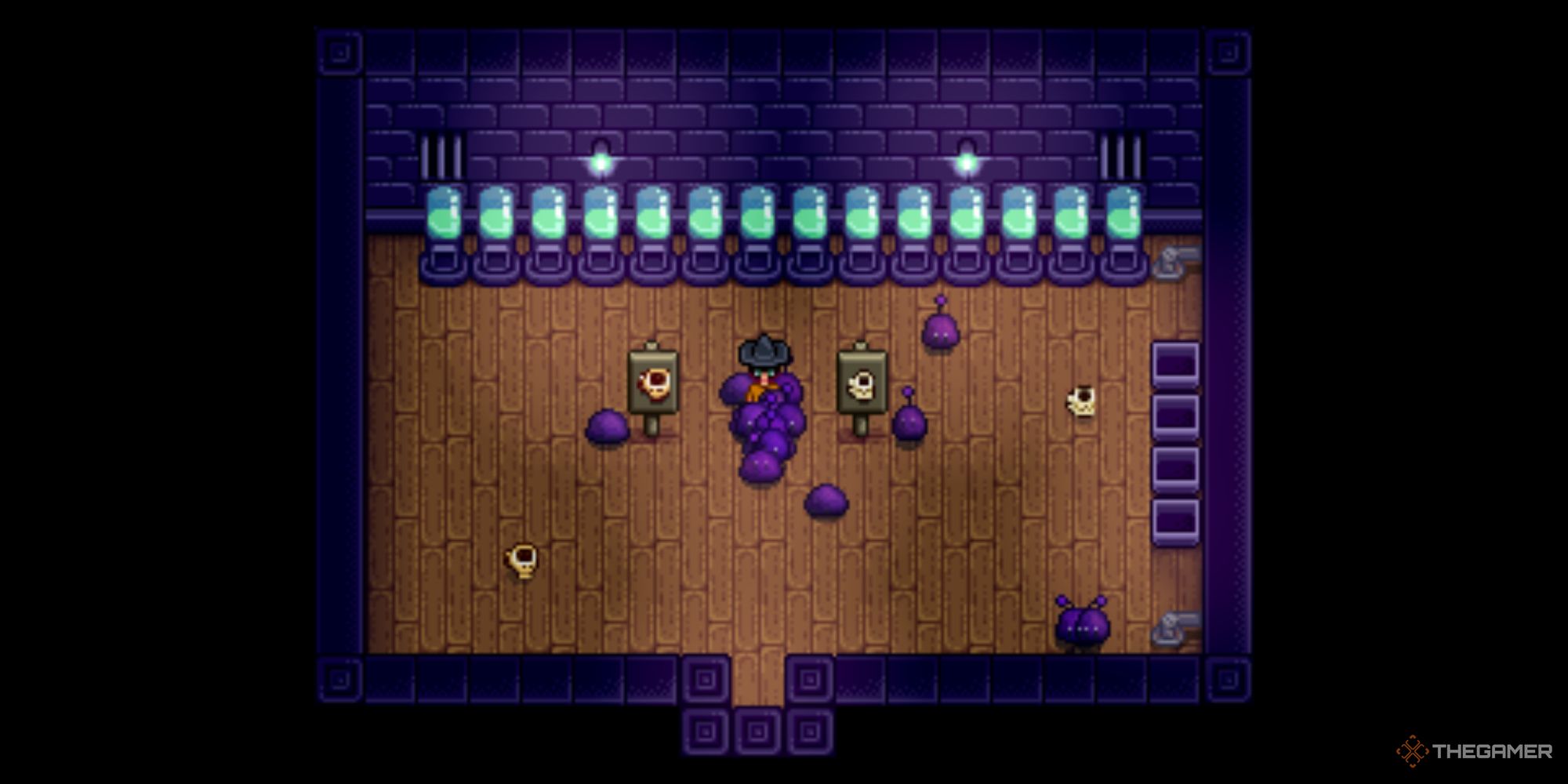 Standing in a slime hutch surrounded by purple slimes while signs show coffee and espresso in stardew valley - there is espresso and coffee on the ground as well