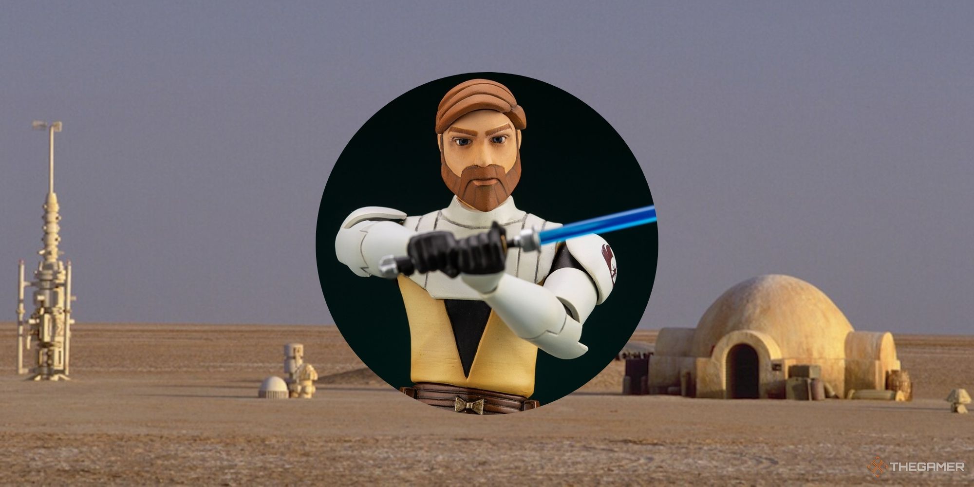 Star Wars Kotobukiya Figures Featured Image Obi-Wan Kenobi in a circle with a Tatooine background
