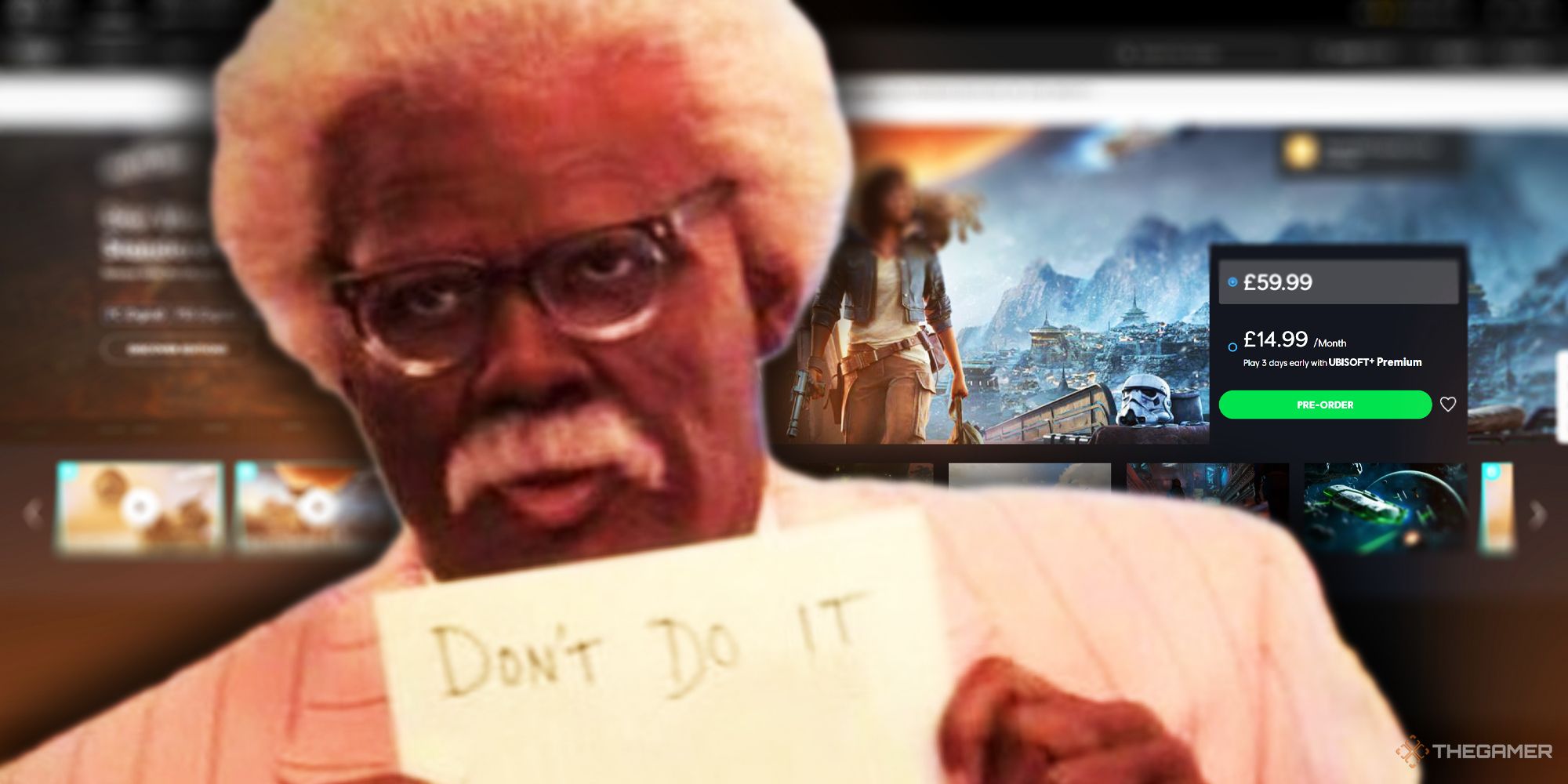 The pre-order site for Star Wars Outlaws in the background, with a man holding up a piece of paper with 