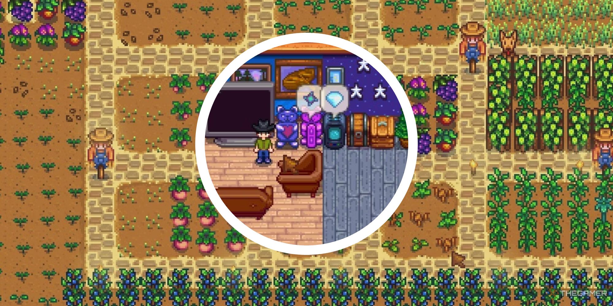 stardew 100 percent completion image showing statue of true perfection in a circle with farm in background