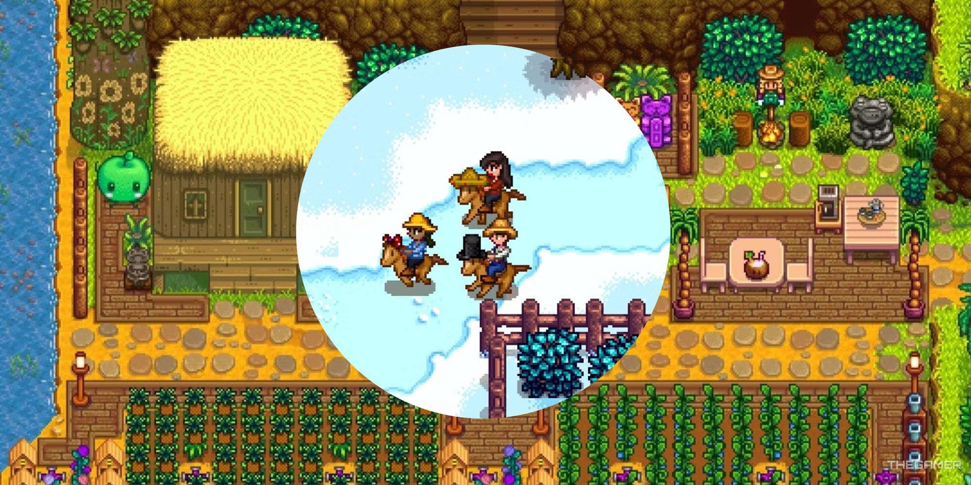 stardew valley circle with multiple players riding horses over image of ginger island farm
