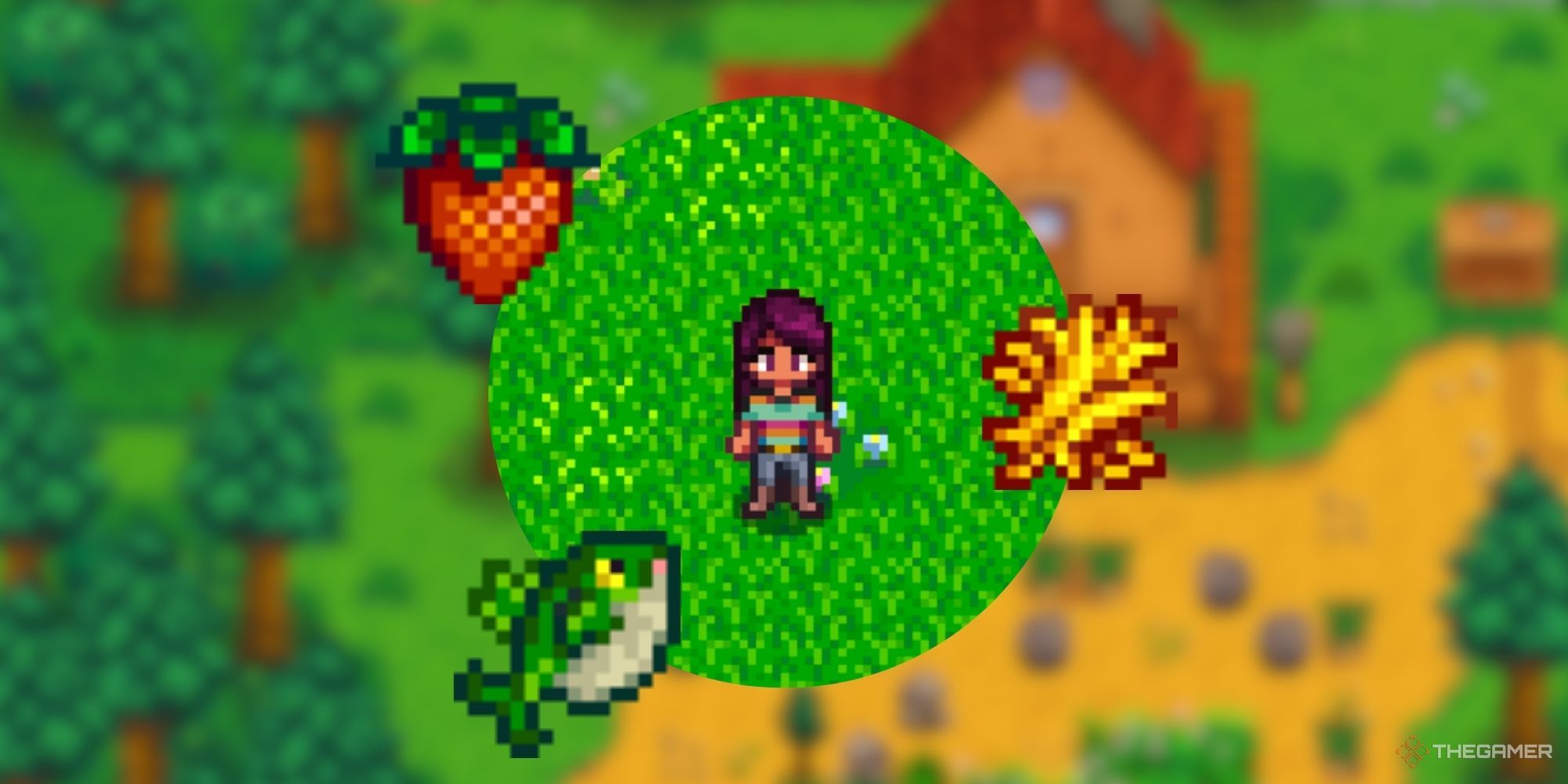 Stardew Valley Farmer posing with strawberry, hay, and legend fish